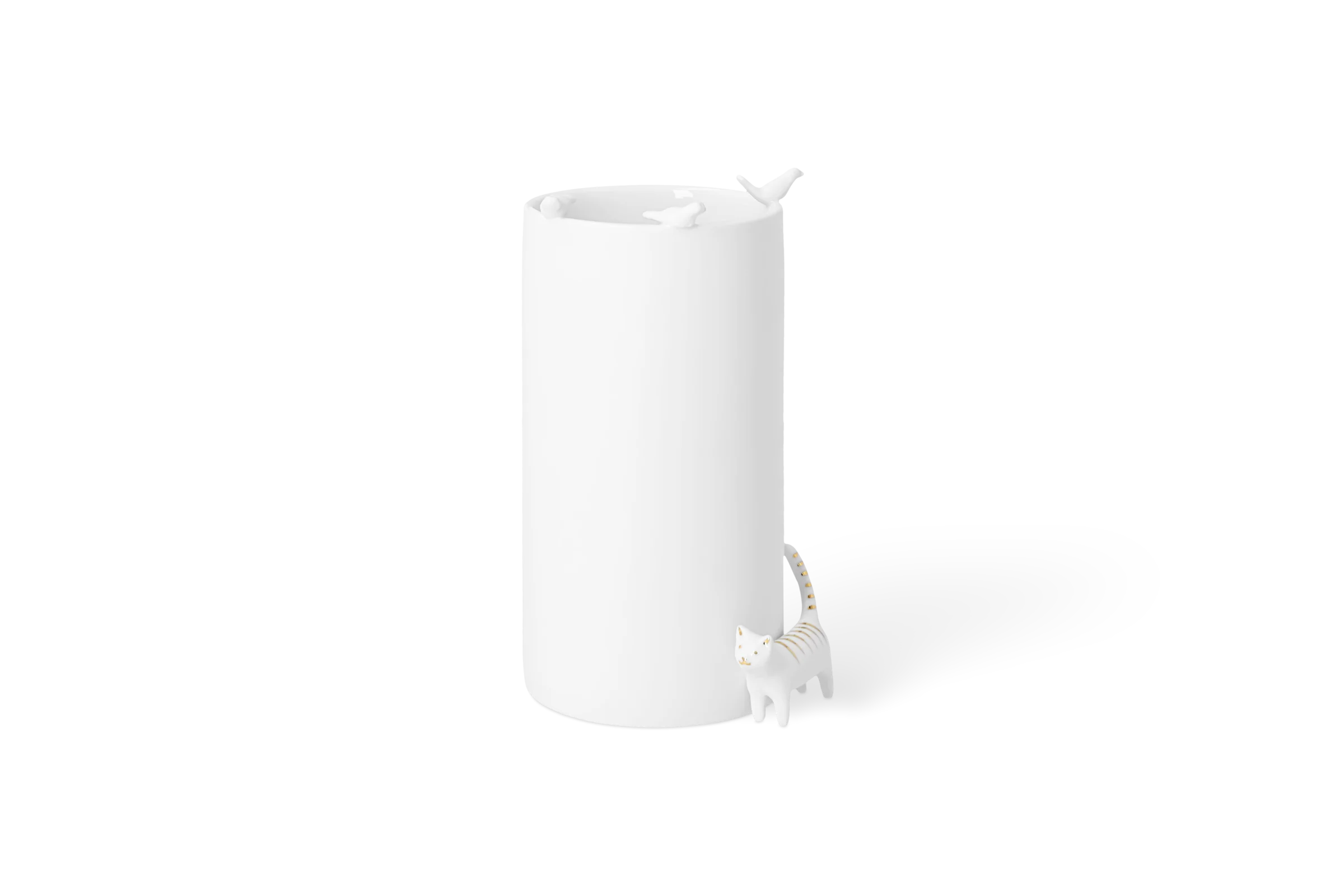 Weiße Porzellanvase mit hochgeprägten Vögeln am Rand und einer Katze mit goldenen Details in der vorderen Linksansicht.