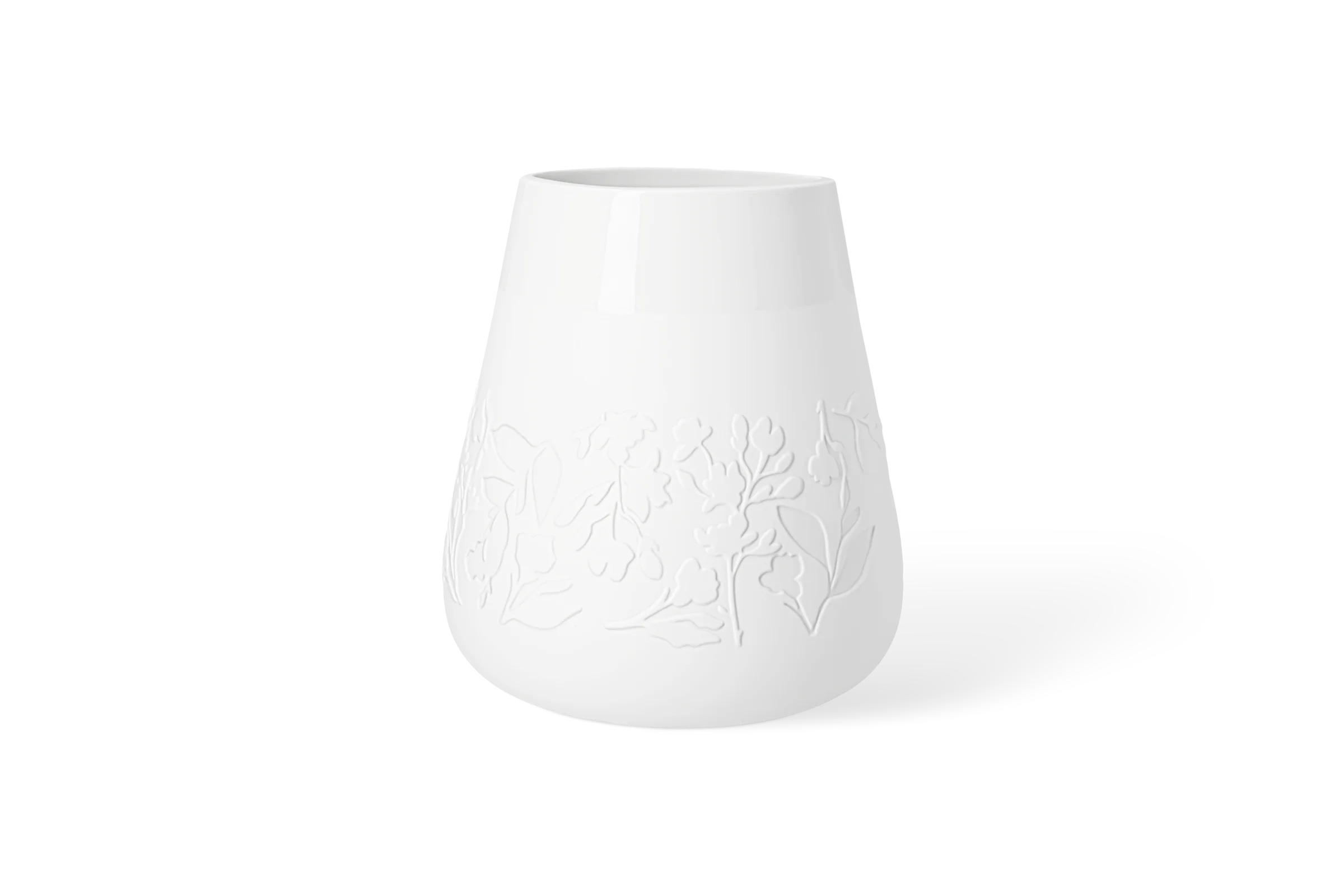Vase Floral Blumen Weiße Vase Blütezeit mit erhabenem Blumenrelief und glänzendem oberen Rand in der Vorderansicht.