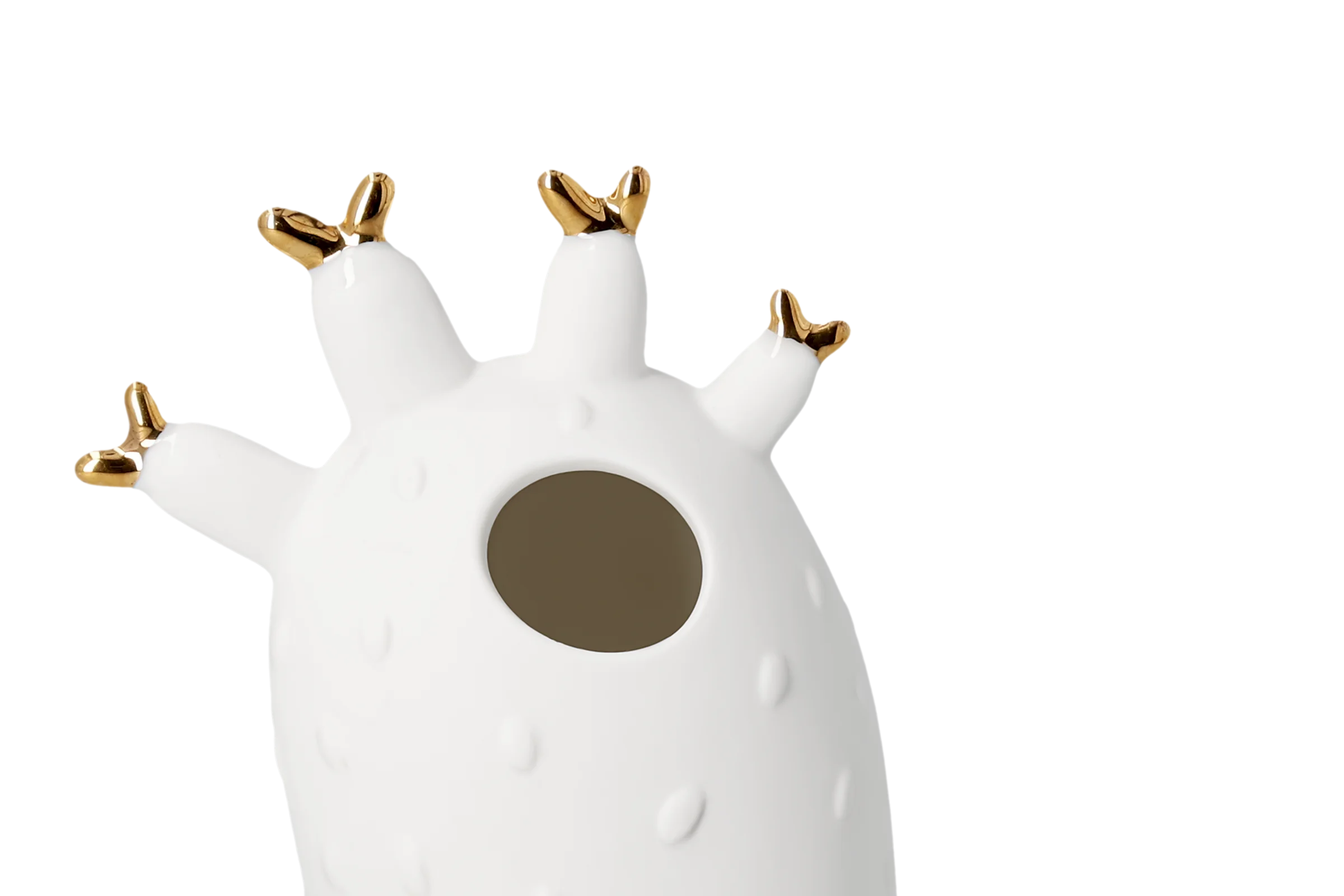 Weiße Vase mit goldfarbenen Blütenknospen, erhabenen Punkten und runder Öffnung in der Detailansicht.