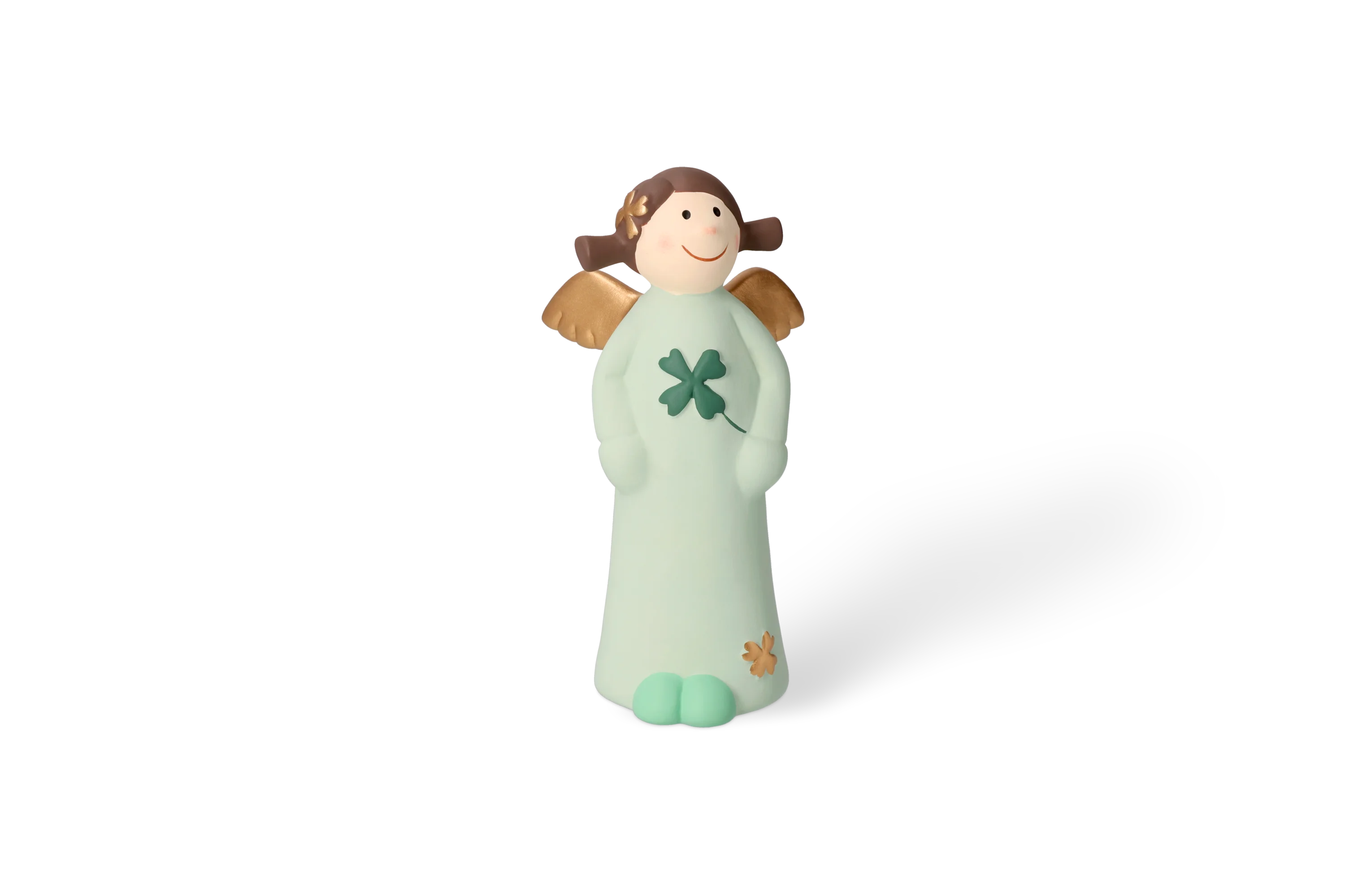Engel Pauline Groß - Edition 9 Dekofigur Himmlische Schwester mit goldenen Fluegeln und Zoepfen im hellgruenen Kleid mit Kleeblatt