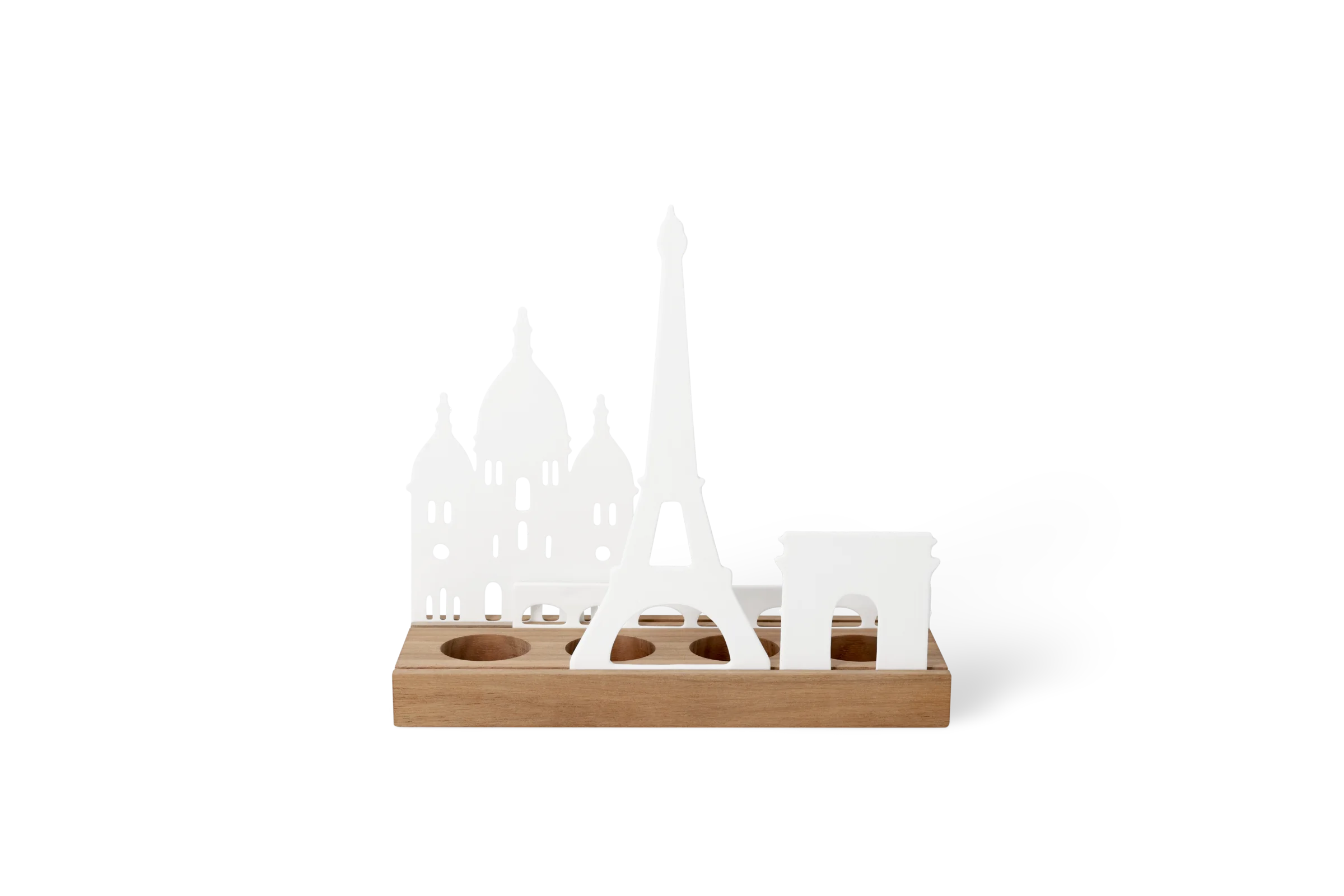 Lichtszene Stadtsilhouette Paris mit Eiffelturm, Sacré-Cœur und Triumphbogen auf Holzsockel in der Rückansicht.