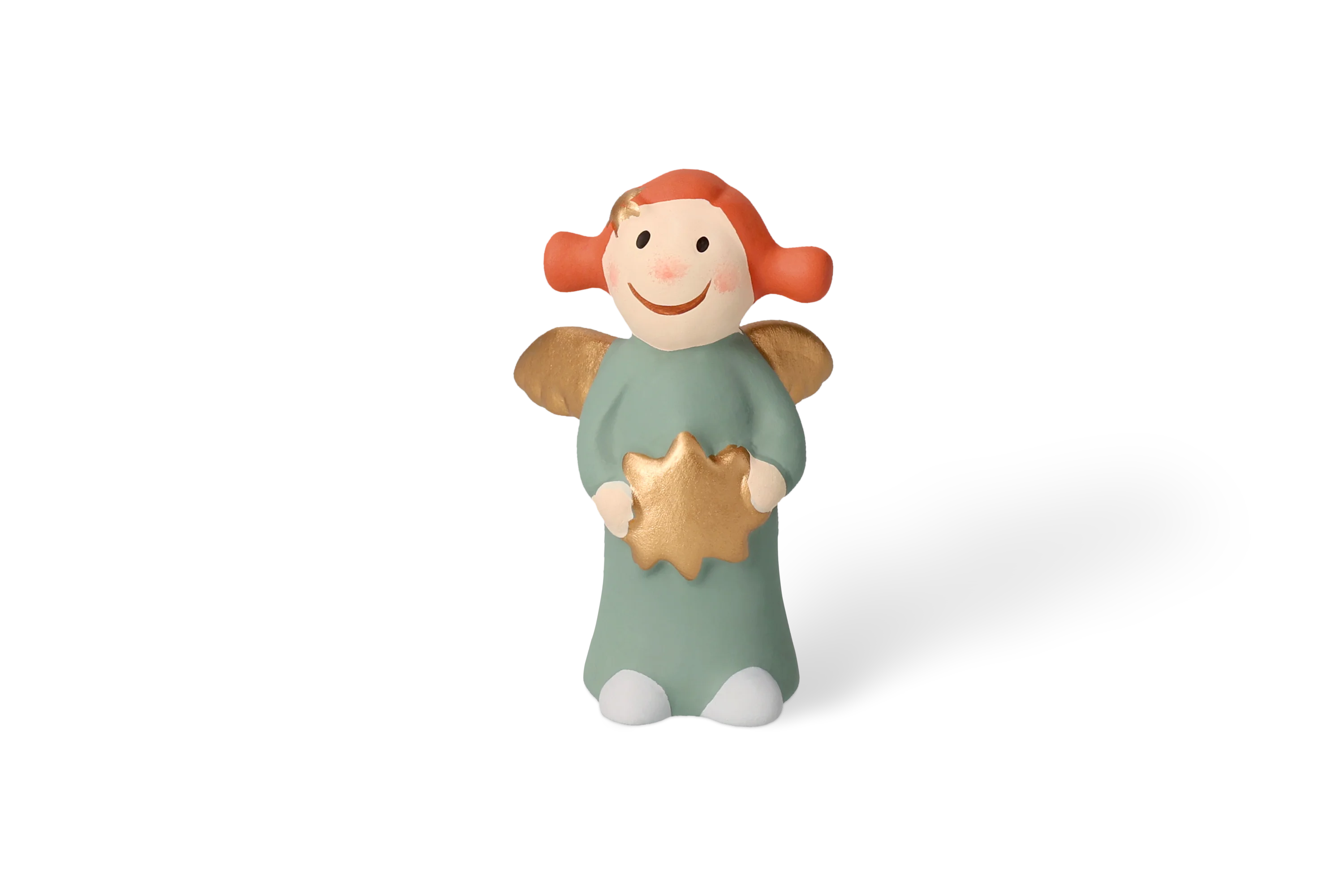Engel Sternchen Klein - Edition 9 Dekofigur Himmlische Schwester mit goldenen Fluegeln und roten Zoepfen im gruenen Kleid haelt goldenen Stern
