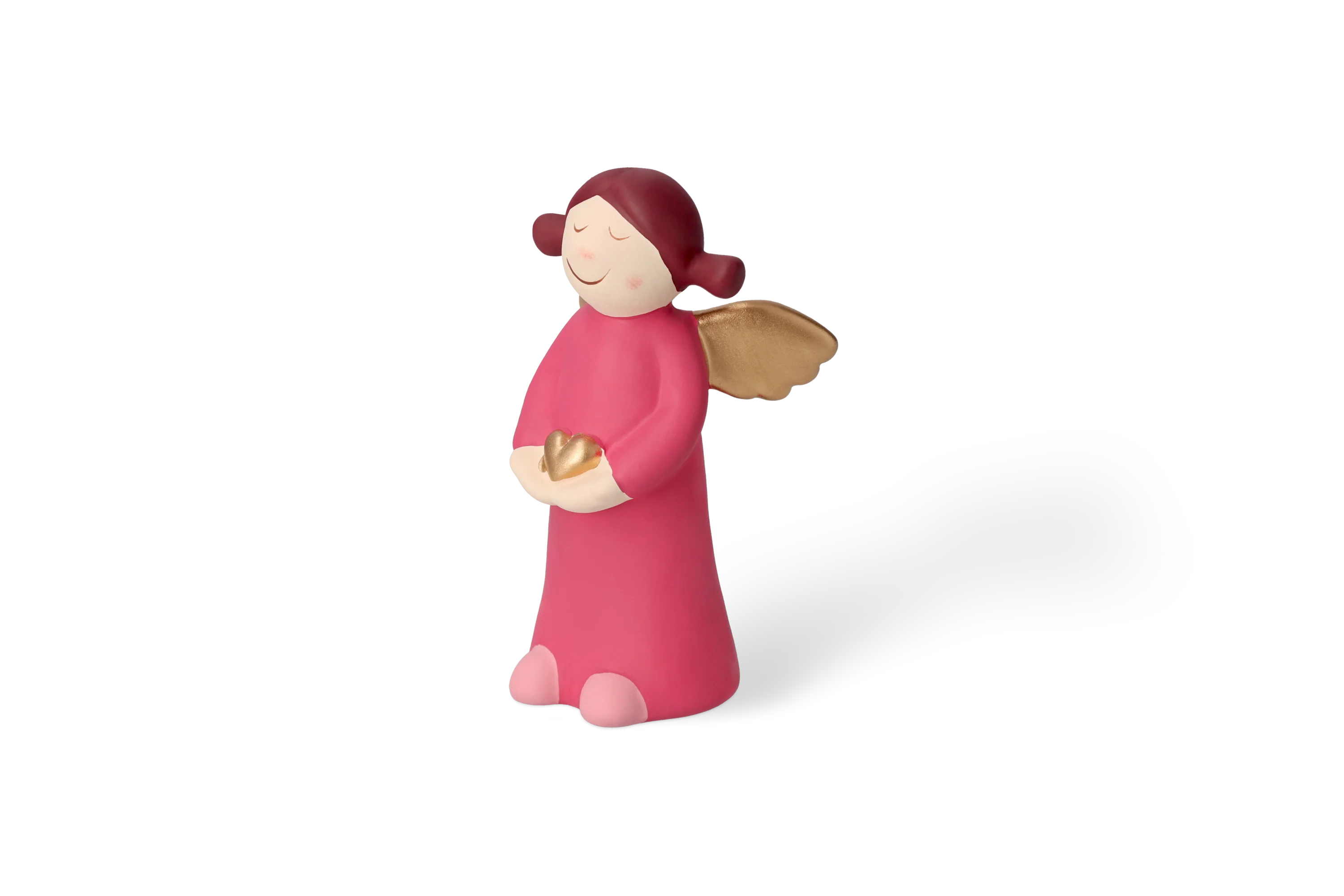Vordere Rechtsansicht Dekofigur Himmlische Schwester mit goldenen Fluegeln im pinken Kleid haelt goldenes Herz