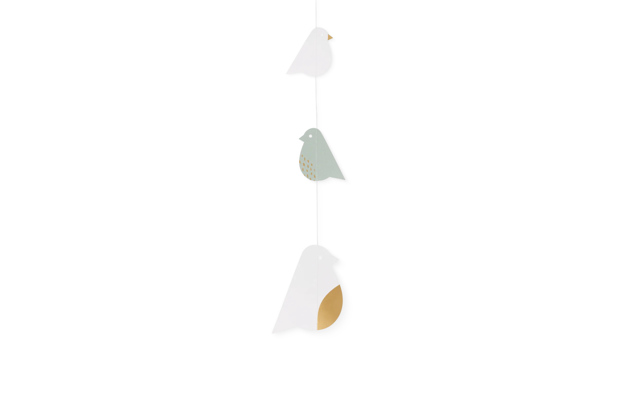 Kette Piepmatz Kurz Kurze Kette Piepmatz mit drei Vogelanhängern in Weiß, Grün und Gold, in der Vorderansicht.