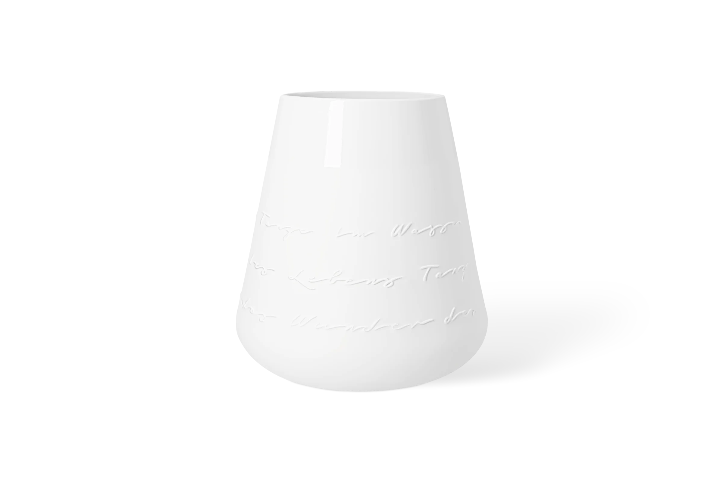 Vase Poesie Tanze im Wasser Weiße Porzellanvase Meeresrauschen mit umlaufend eingeprägter Handschrift in der Vorderansicht.