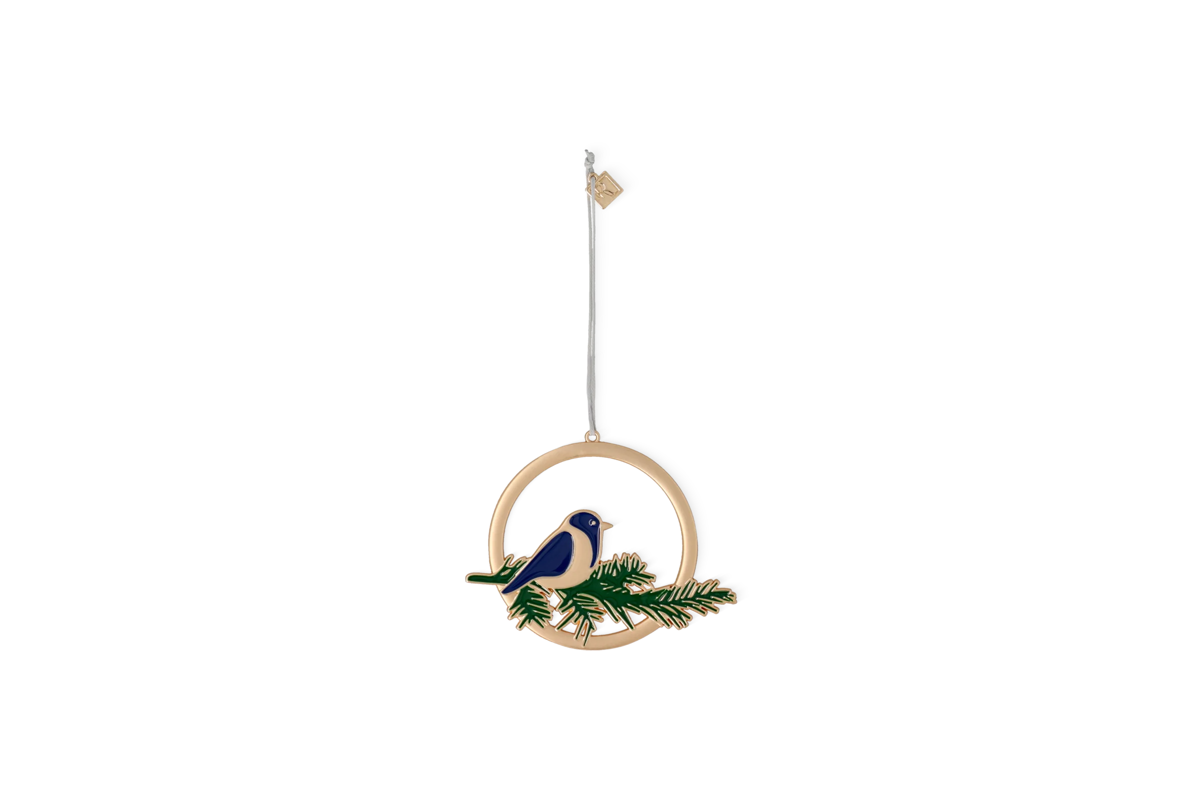 Festtagsornament Weihnachtsgesang mit blauem Vogel auf grünem Tannenzweig in goldenem Ring, Vorderansicht Nummer 2.