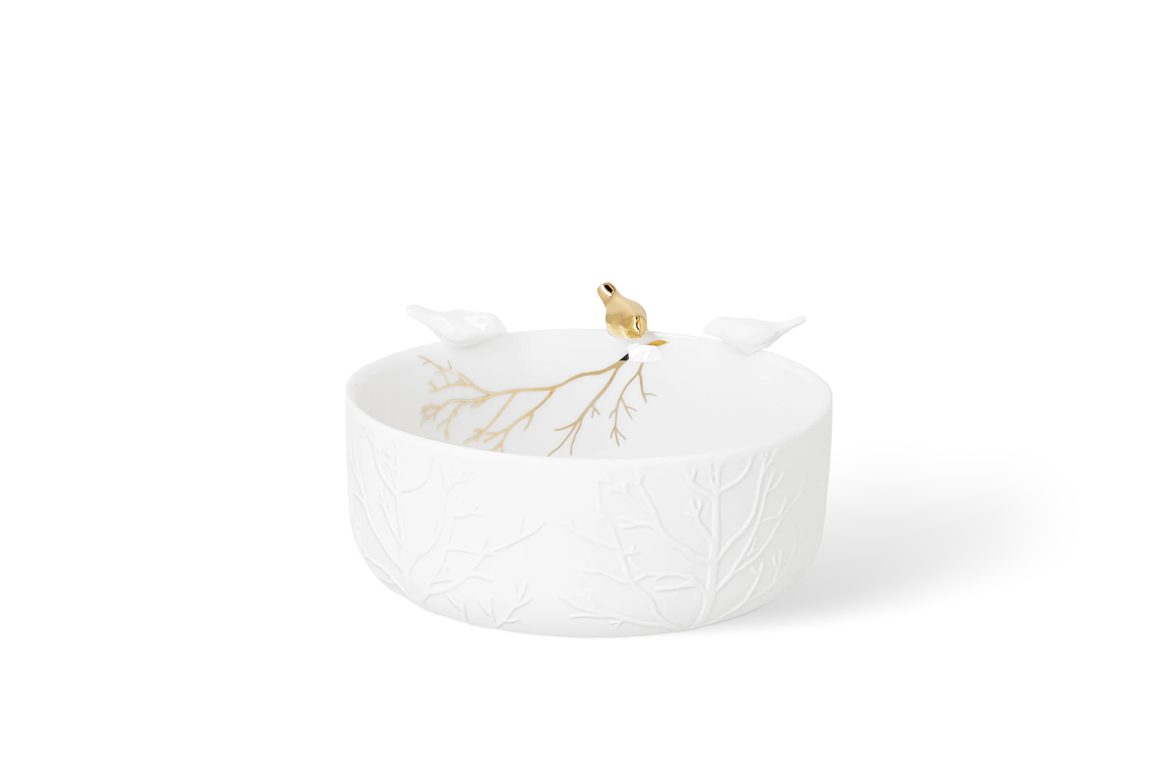 Schale Goldvogelschwarm Klein Weiße Porzellanschale mit erhabenem Zweigrelief, goldenen Zweigen innen und drei Vögeln am Rand in der Vorderansicht.