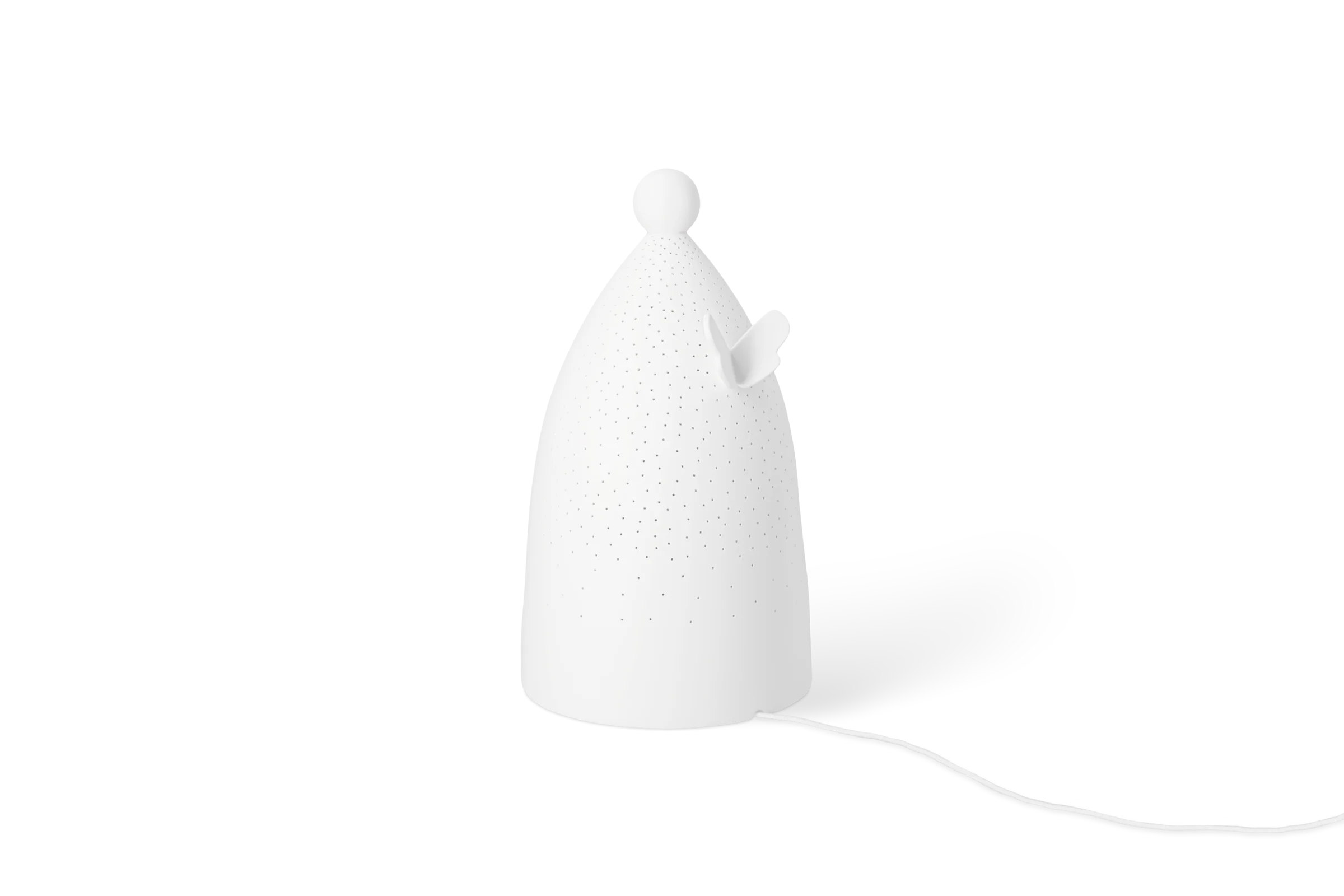 Leuchte Lichtengel Weiße Leuchte Lichtengel mit punktiertem Lochmuster, Flügel und Kabel in der hinteren linken Ansicht.