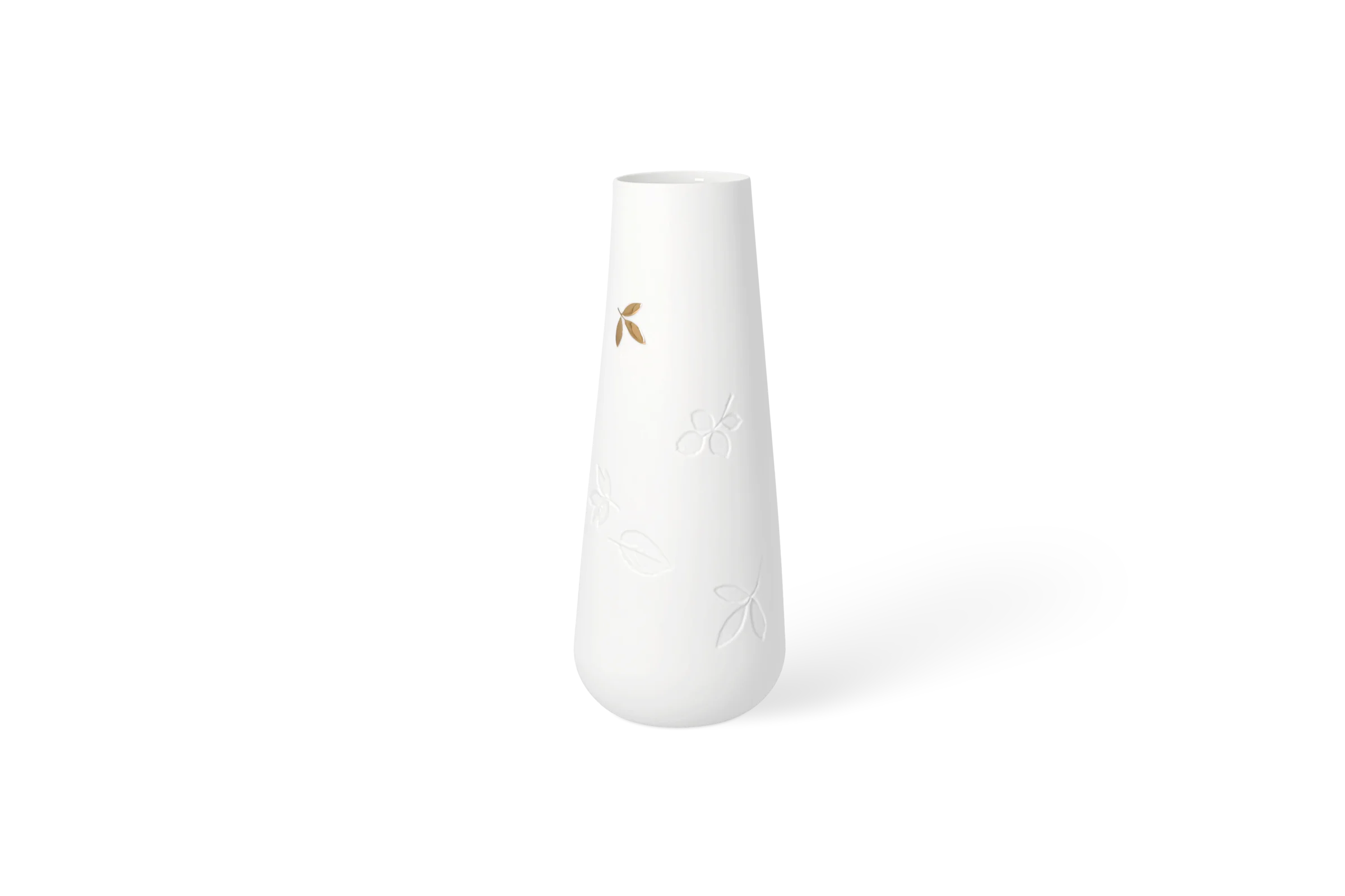 Vase Goldblatt Klein Weiße Porzellanvase Blattwerk mit eingeprägten Blättern und goldenem Blattmotiv in der Vorderansicht.