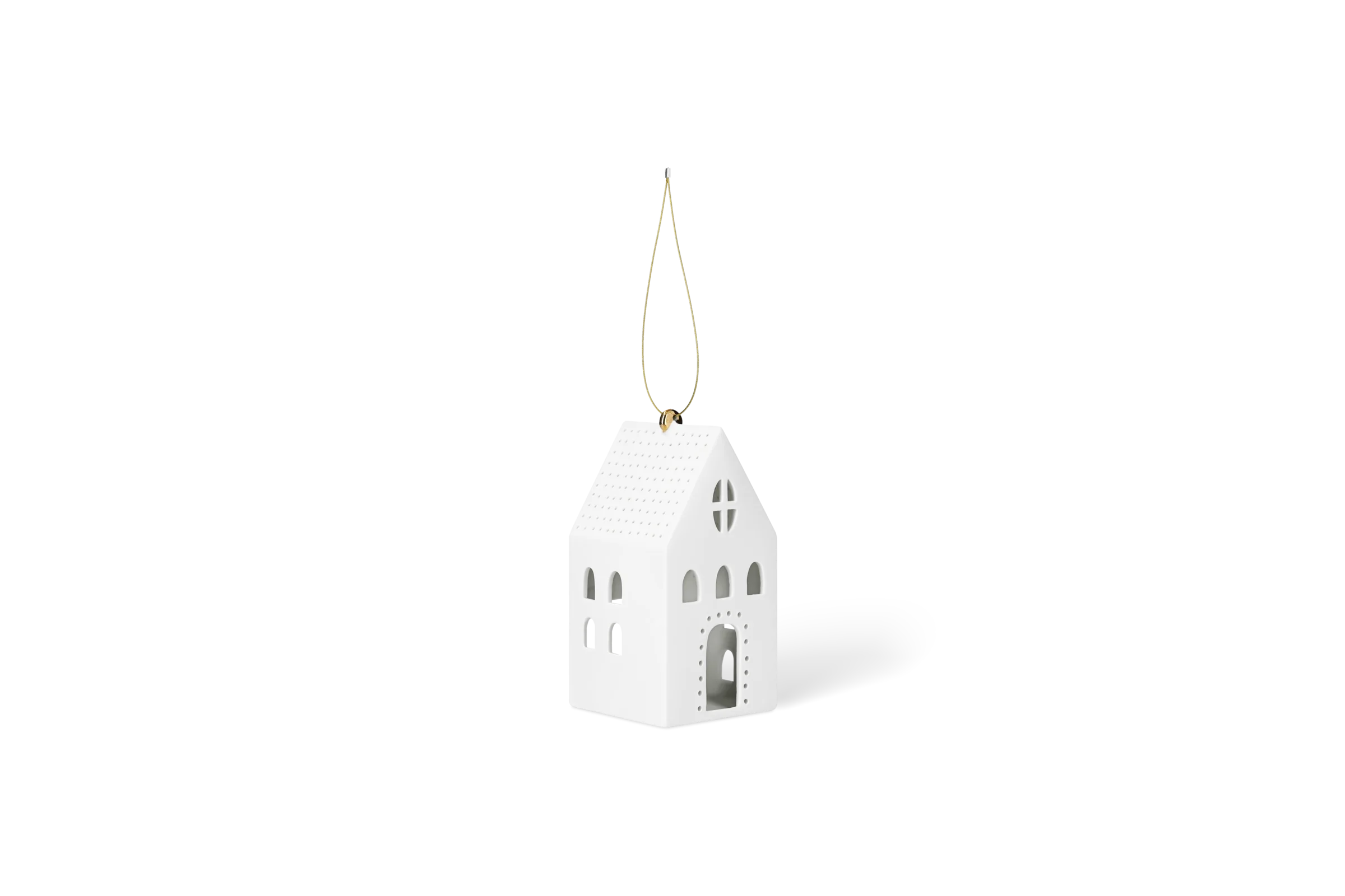 Lichthaus Hängend Eckig Groß Großes weißes Lichthaus zum Aufhängen mit goldfarbener Kordel Fensteröffnungen und gepunktetem Dach in der vorderen Linksansicht.