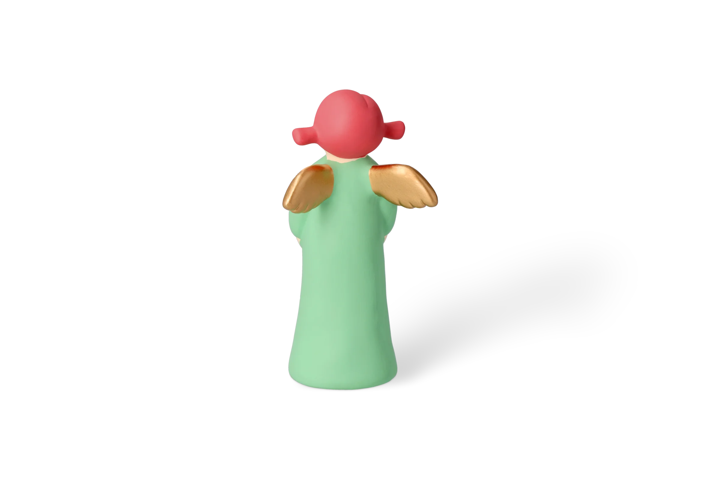 Engel Aurelia Groß - Edition 9 Dekofigur Himmlische Schwester mit goldenen Flügeln, die lächelt, ein grünes Kleid mit Taubenmotiv trägt und einen Zweig in der linken Hand hält, in der Rückansicht.