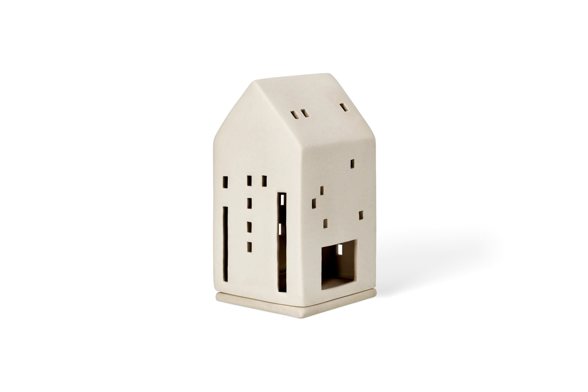 Beiges Lichthaus aus der Serie Softtone mit rechteckigen Fensterausschnitten und Türöffnung in der vorderen Rechtsansicht.