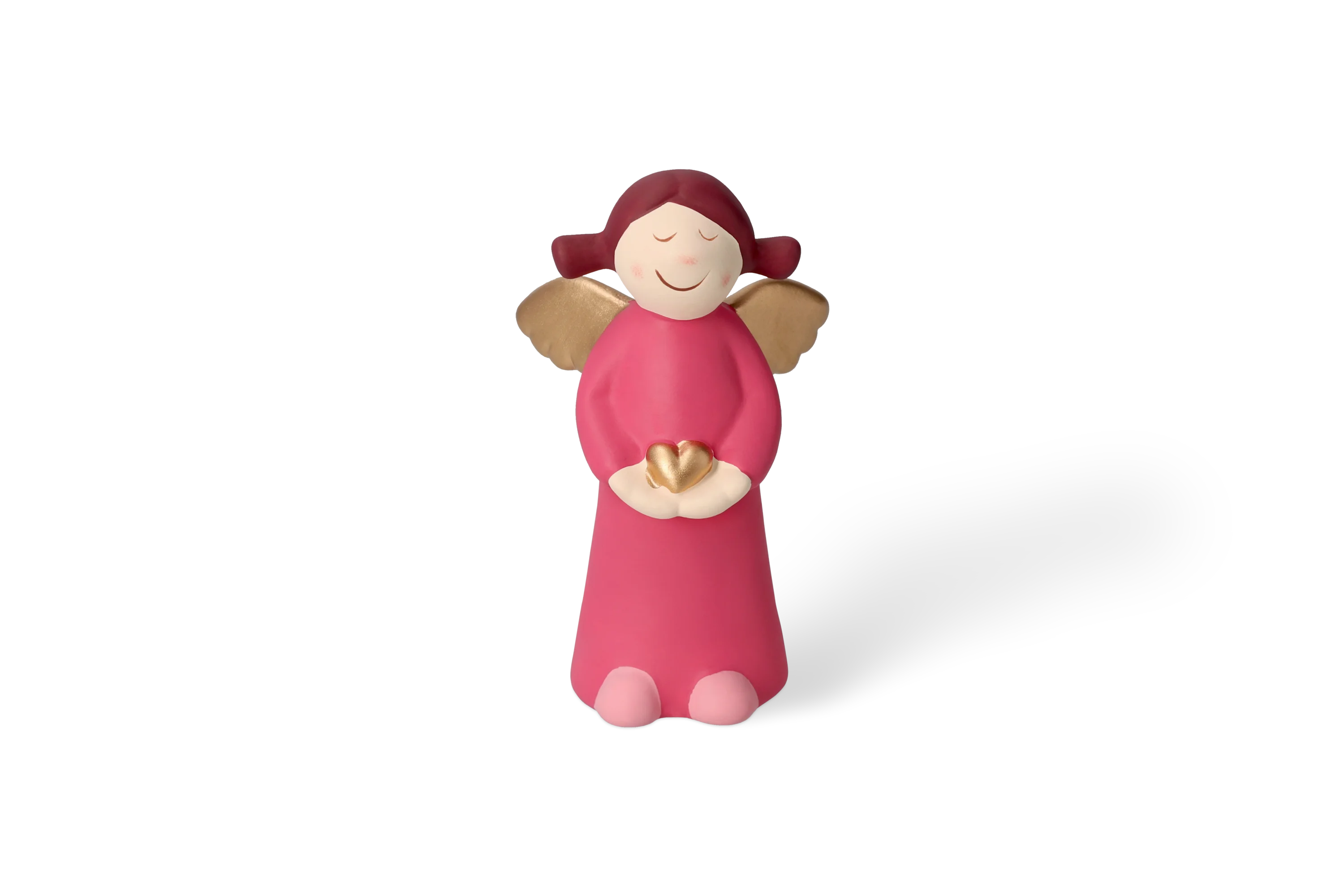 Engel Charlotte Mittel - Edition 9 Dekofigur Himmlische Schwester mit goldenen Fluegeln im pinken Kleid haelt goldenes Herz