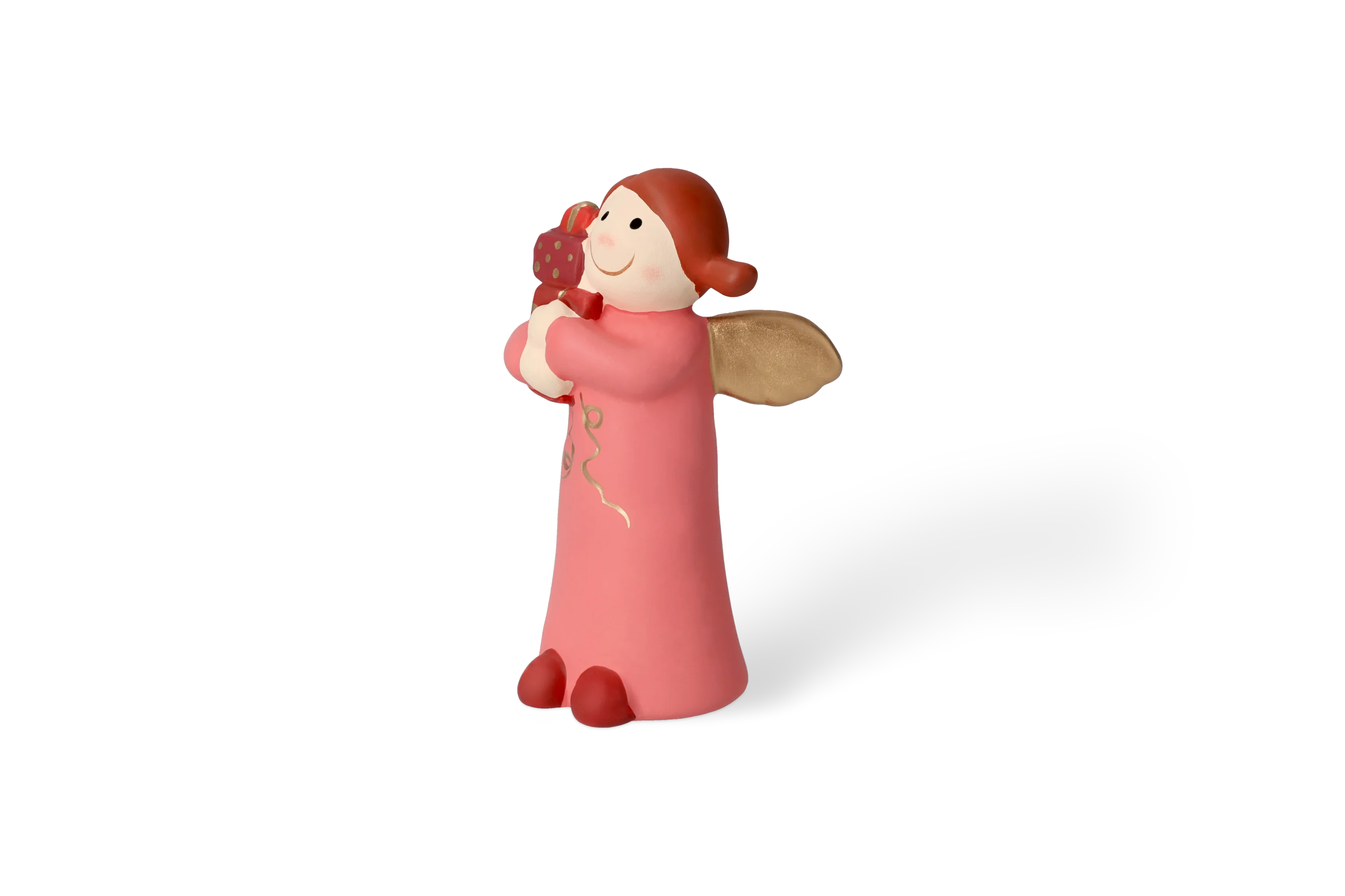 Vordere Rechtsansicht Dekofigur Himmlische Schwester mit goldenen Fluegeln im rosa Kleid haelt rotgoldene Geschenke