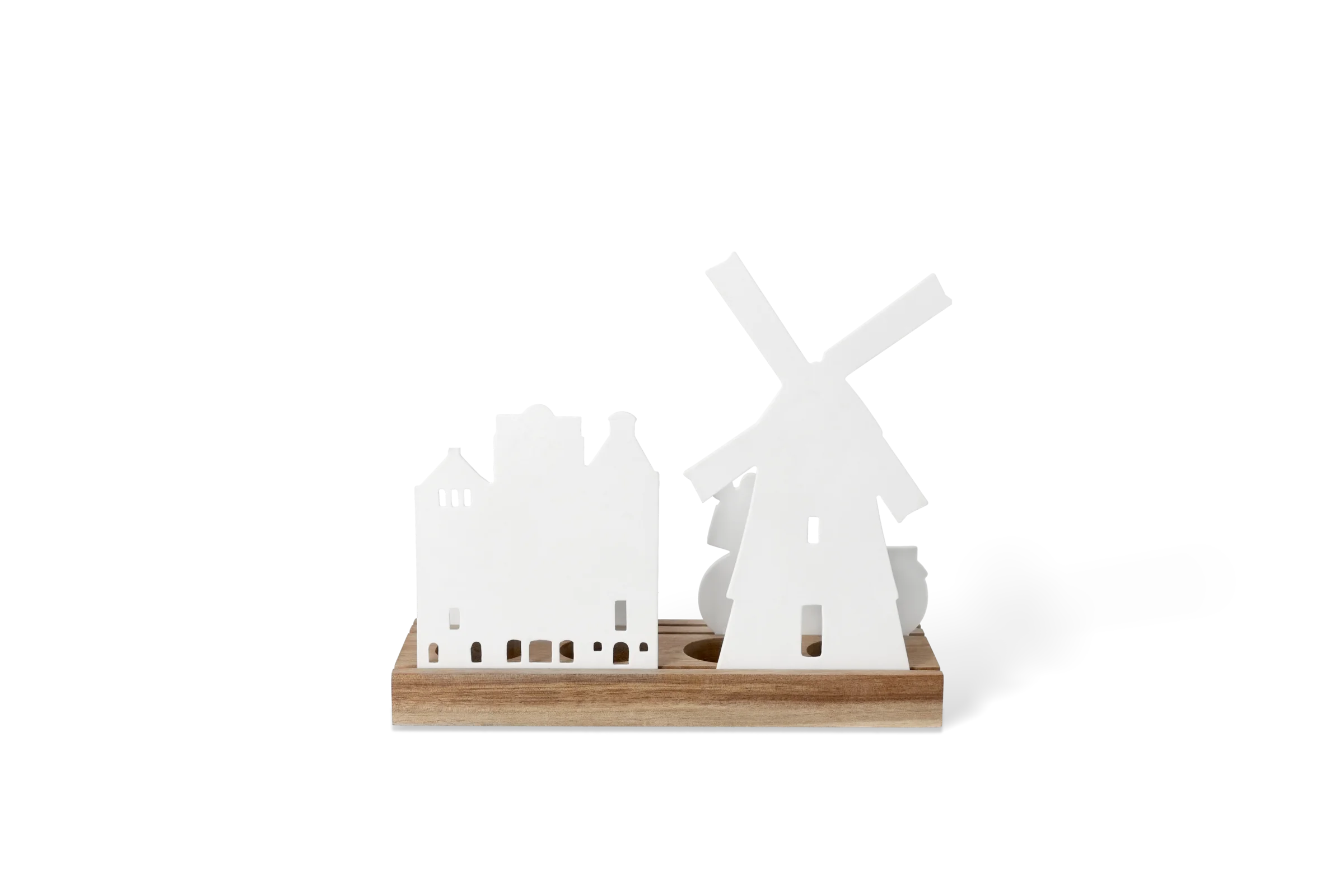 Lichtszene Niederlande aus weißem Porzellan mit Häusern und Windmühle auf Holzsockel in der Rückansicht.