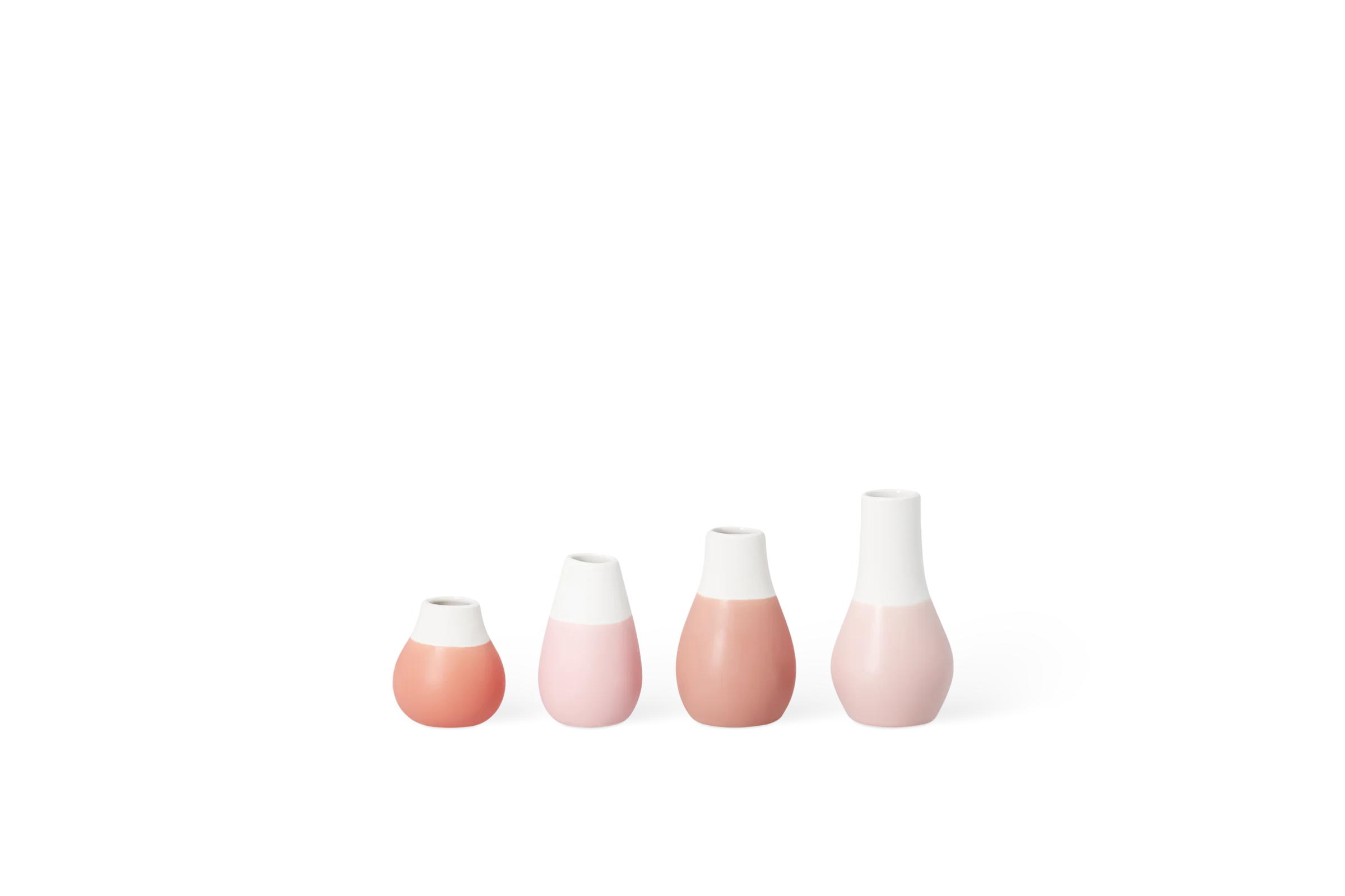 Minivasen Pastell Pudertöne - 4er Set Vier Minivasen der Serie Blütezeit in Rosa und Weiß in unterschiedlichen Formen, Vorderansicht.