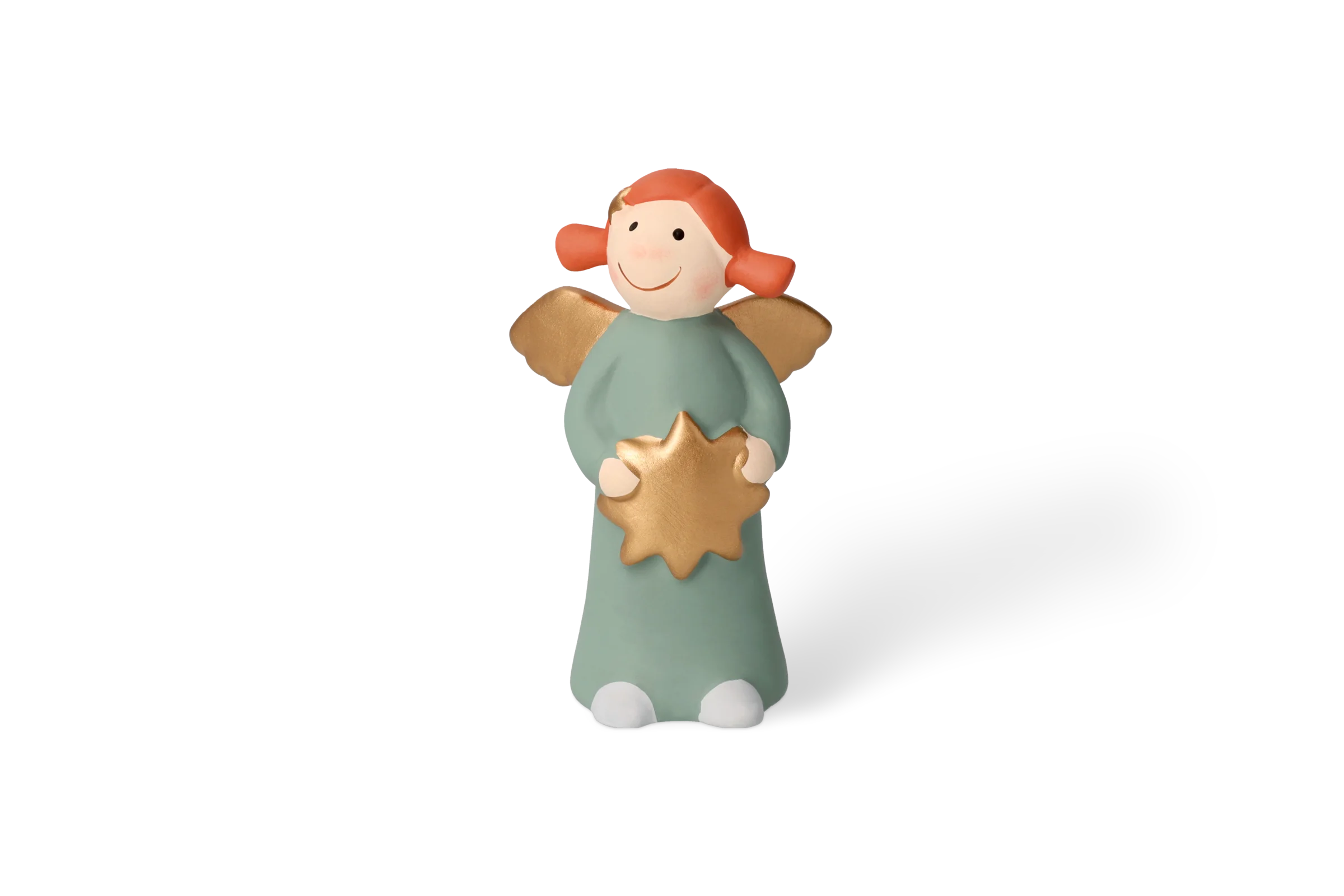Engel Sternchen Mittel - Edition 9 Dekofigur Himmlische Schwester mit goldenen Flügeln, die ein grünes Kleid trägt und einen goldenen Stern hält, in der Vorderansicht.