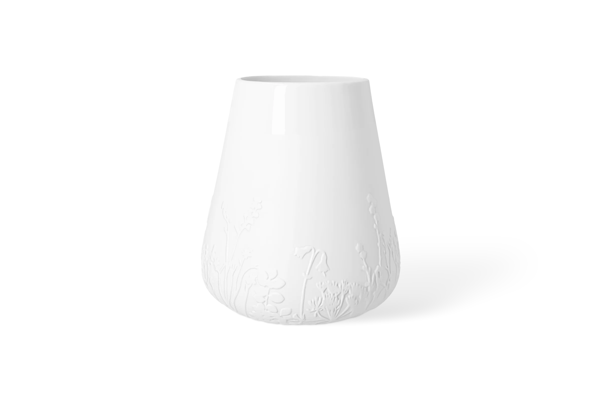 Weiße Porzellanvase Blütezeit mit erhabenem Blumenrelief am unteren Rand in der Rückansicht.