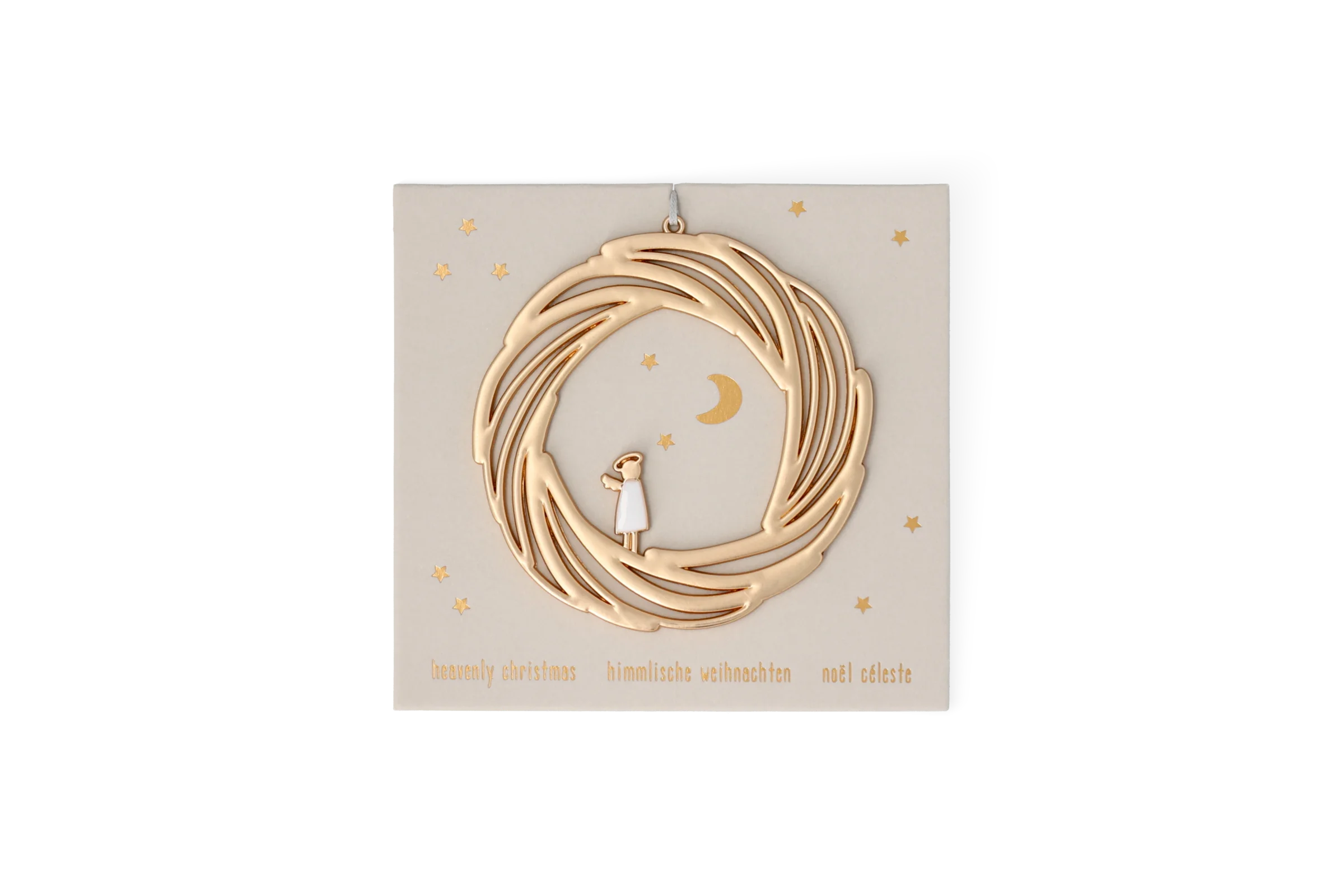 Festtagsornament Himmlische Weihnachten mit goldenem Kranz, Engel, Mond und Sternen in der Vorderansicht.
