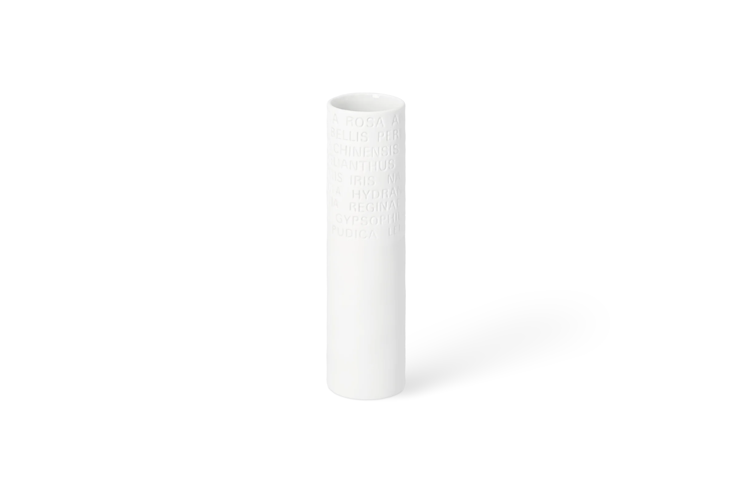 Vase Raumpoesie Klein Hohe weiße Porzellanvase Raumpoesie mit eingeprägten Blumennamen in der Vorderansicht.