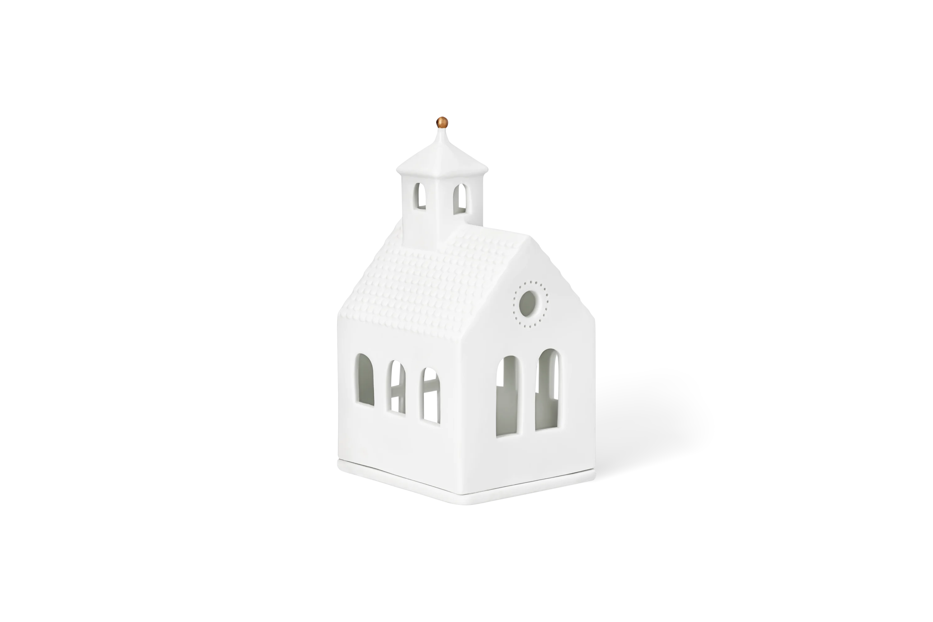 Lichthaus Kapelle Klein Weißes Porzellanlichthaus in Kirchenform mit strukturiertem Dach, Turm und goldener Kugelspitze in der vorderen Linksansicht.