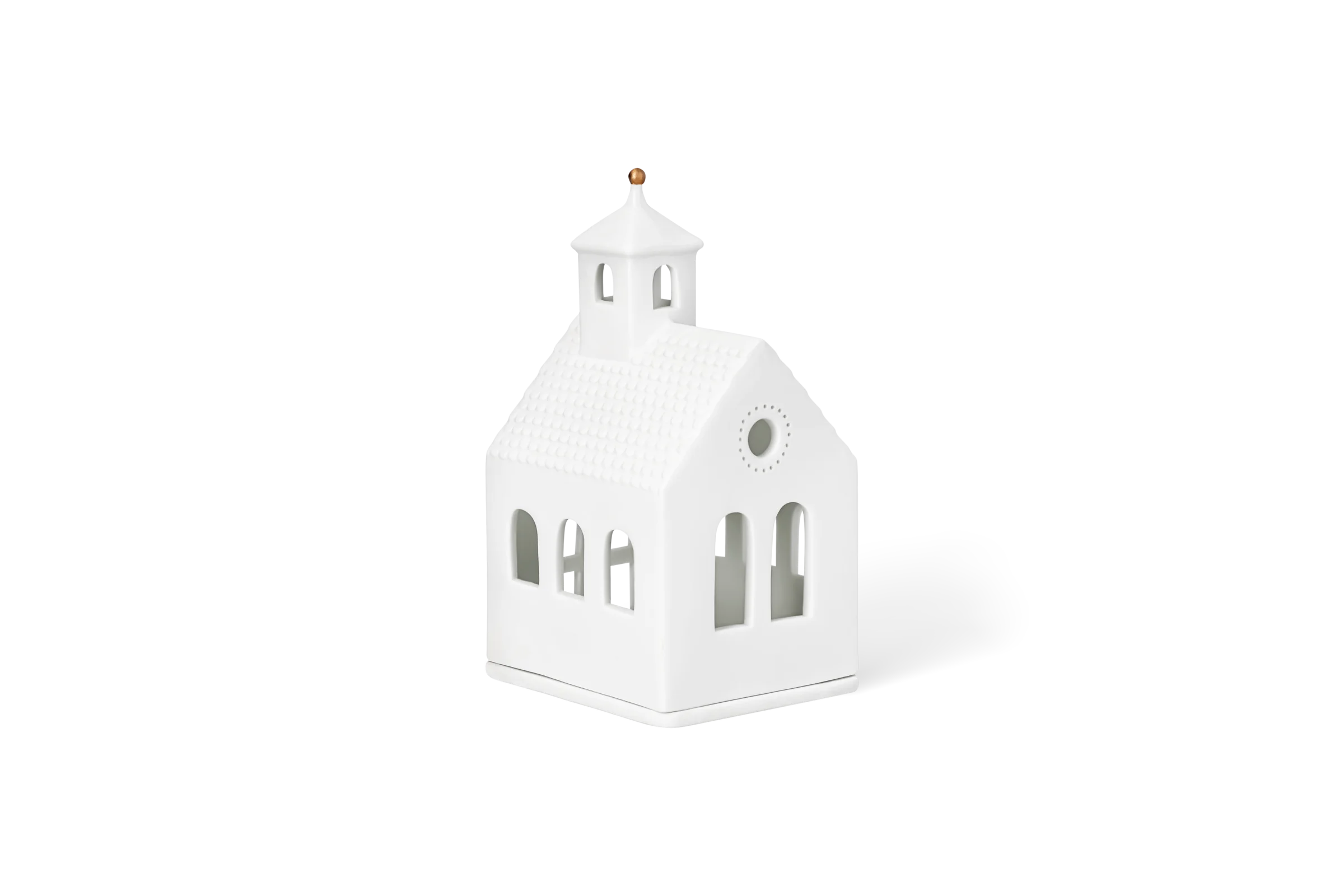 Lichthaus Kapelle Klein Weißes Porzellanlichthaus in Kirchenform mit strukturiertem Dach, Turm und goldener Kugelspitze in der vorderen Linksansicht.