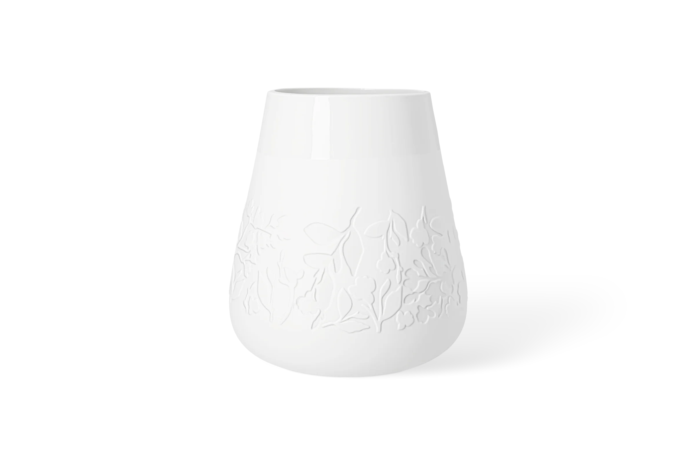 Weiße Vase Blütezeit mit umlaufendem Hochrelief aus Blüten und Blättern in der Rückansicht.