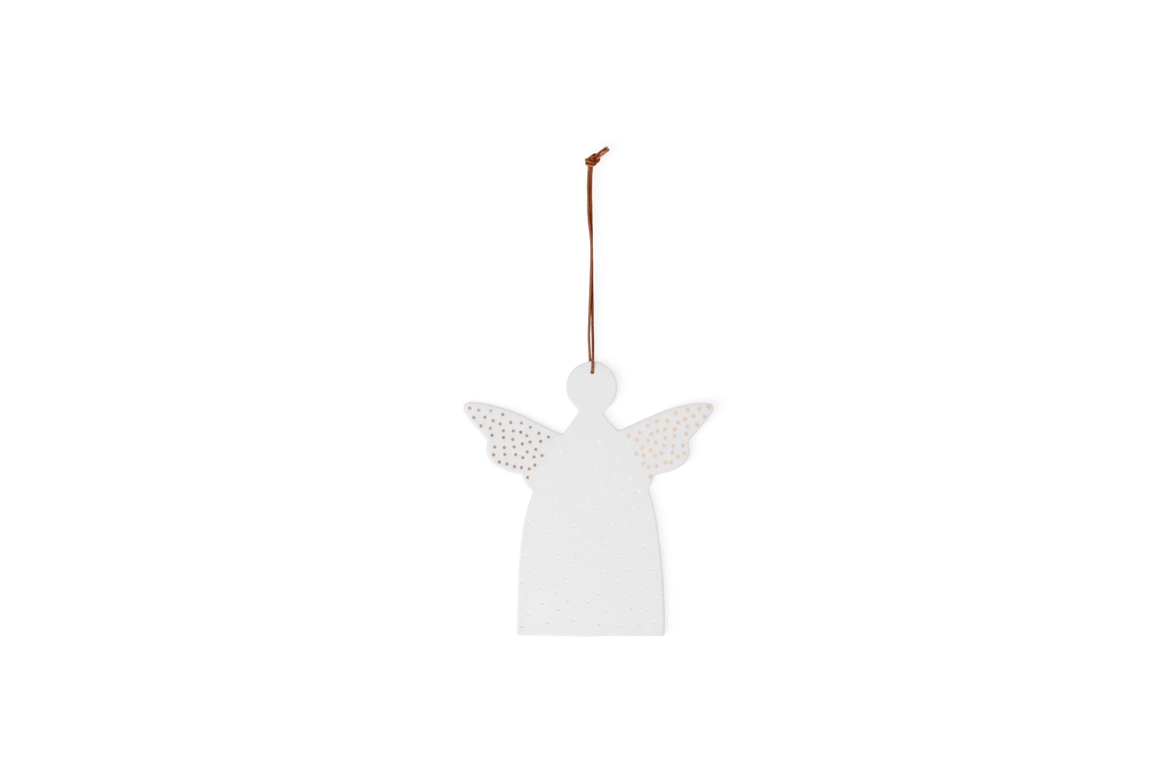 Anhänger Winterbild Engel Weißer Engel Anhänger mit gepunktetem Gewand, goldfarbenen Flügelpunkten und brauner Kordel in der Vorderansicht.