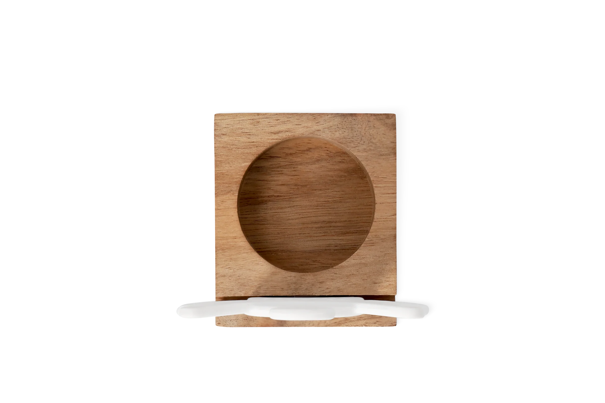 Lichtszene Engel Weiß Holzsockel der Lichtszene Engel Weiß mit runder Vertiefung in der Draufsicht.