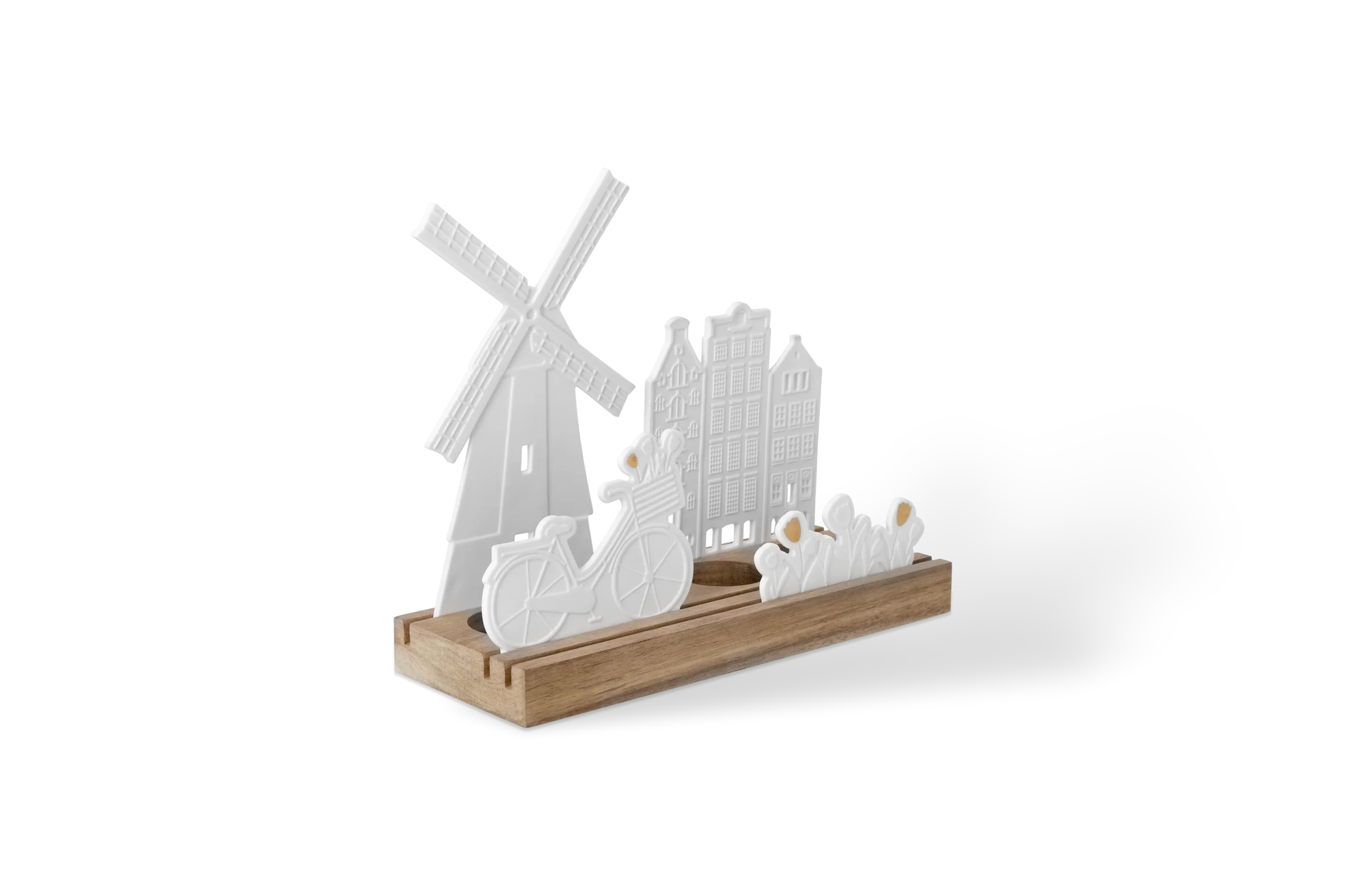Lichtszene Niederlande mit Windmühle, Fahrrad, Grachtenhäusern und Tulpen in Holzleiste, in der vorderen Linksansicht.