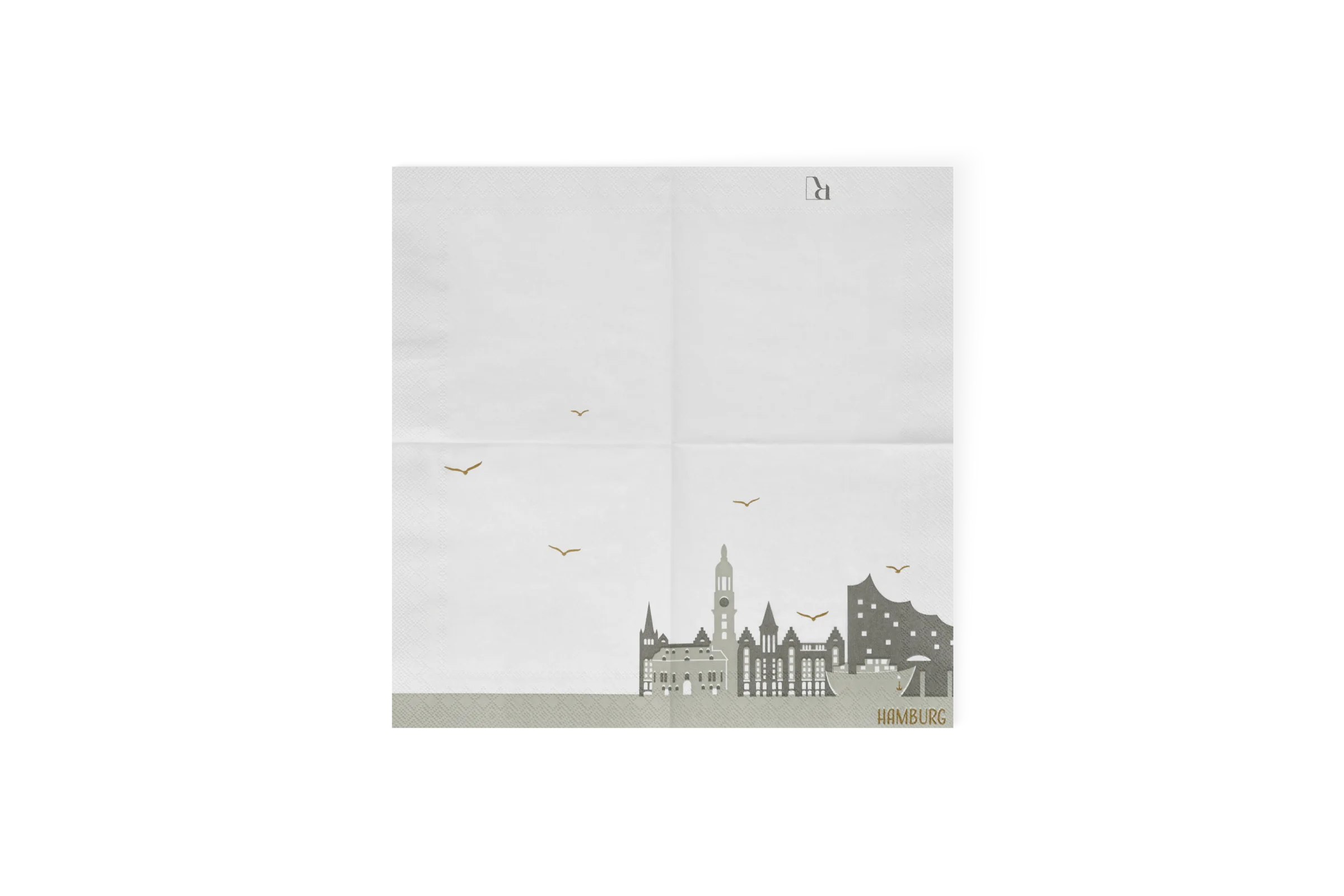 Weiße Cocktailserviette mit grauer Hamburger Skyline, goldenen Möwen und Schriftzug, HAMBURG, ausgebreitet in der Vorderansicht Nummer 2.