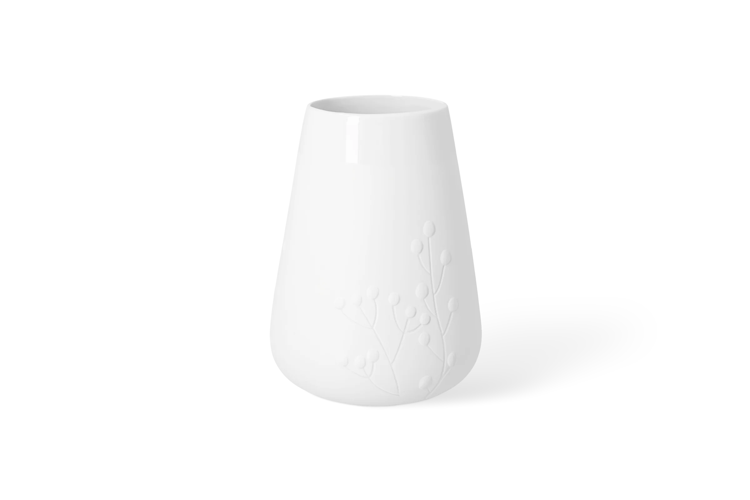 Weiße Porzellanvase Blütezeit mit erhabenem Zweigmotiv und runden Blütenknospen in der Rückansicht.