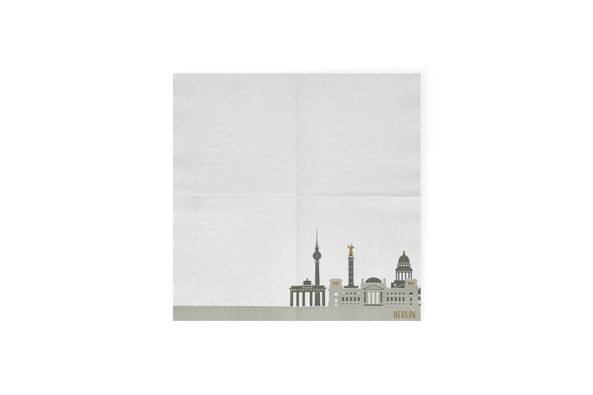 Weiße Cocktailserviette mit Berliner Skyline in Grau und Gold sowie Aufschrift, BERLIN, ausgebreitet in der Vorderansicht Nummer 2.