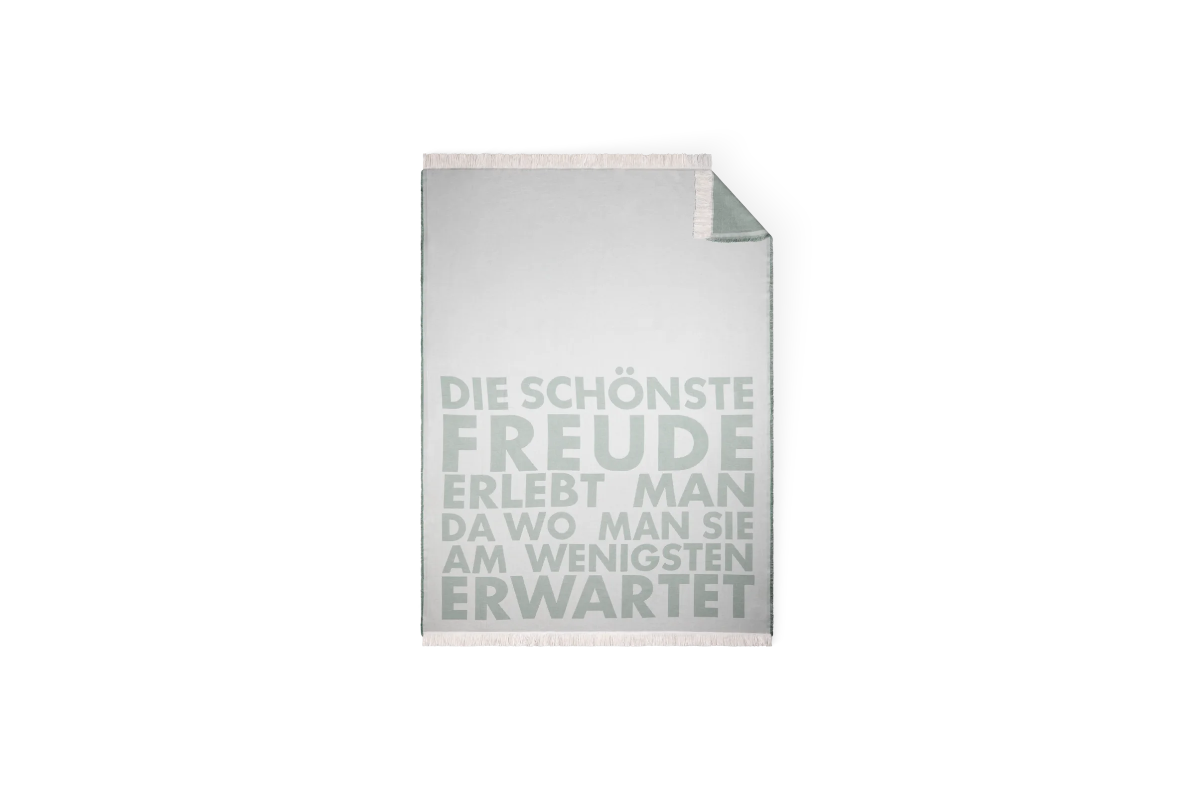 Wohndecke Freude Helle Decke mit mintgrünem Schriftzug, Die schönste Freude erlebt man da, wo man sie am wenigsten erwartet, in der Vorderansicht.