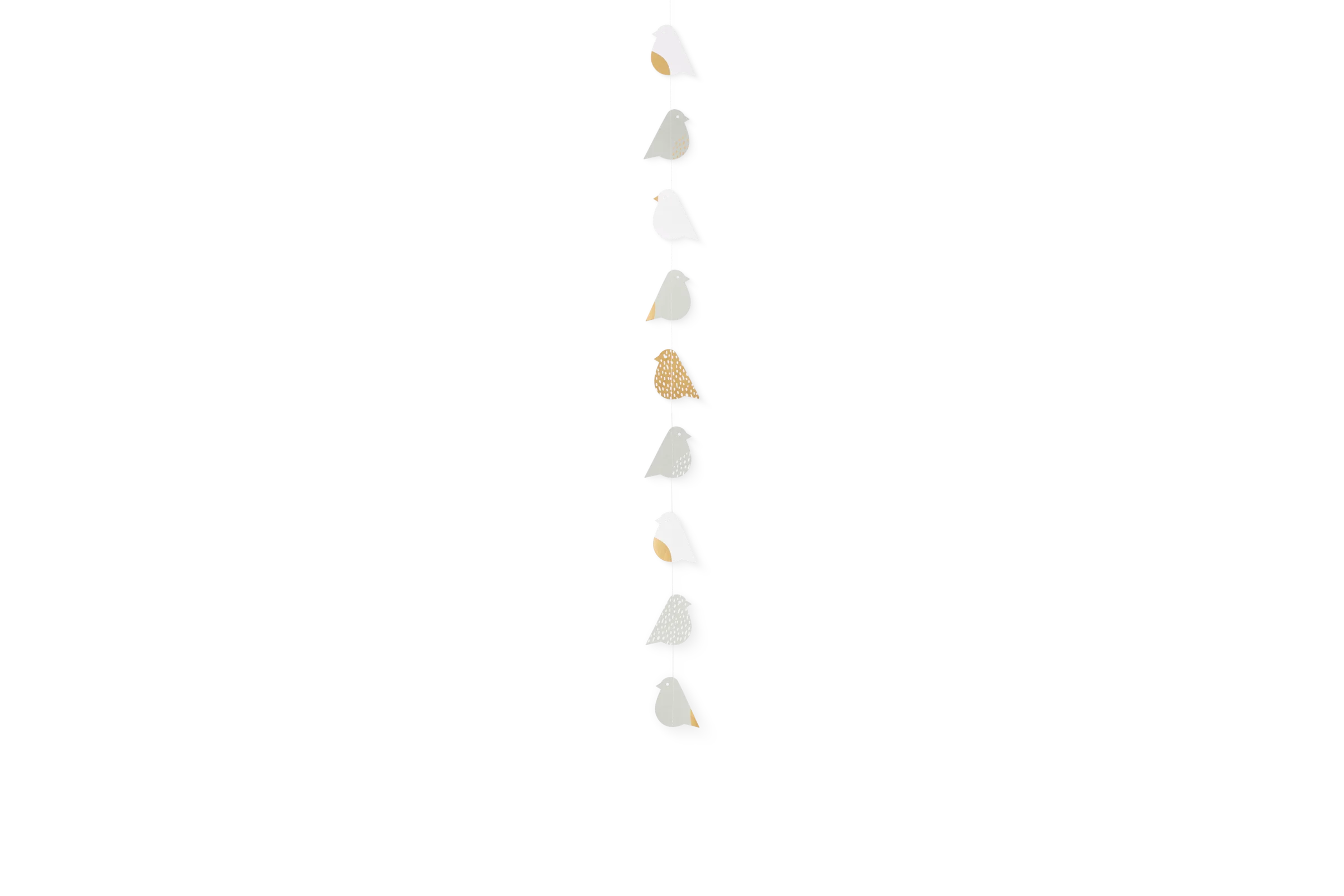 Kette Piepmatz Lang Lange Kette Piepmatz mit weißen und goldfarbenen Vogelanhängern, in der Vorderansicht.