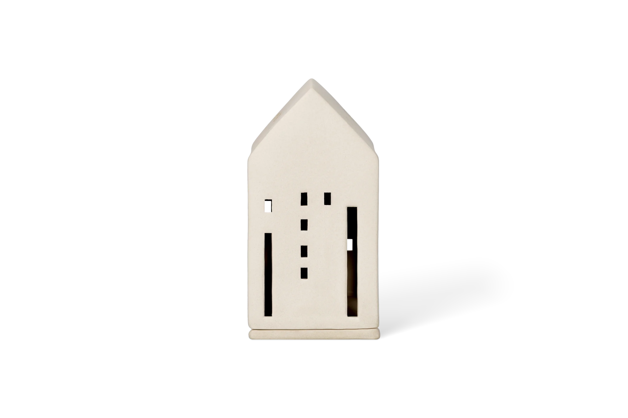 Cremefarbenes Lichthaus der Serie Softtone mit schmalen Fensterausschnitten und Satteldach in der Vorderansicht.