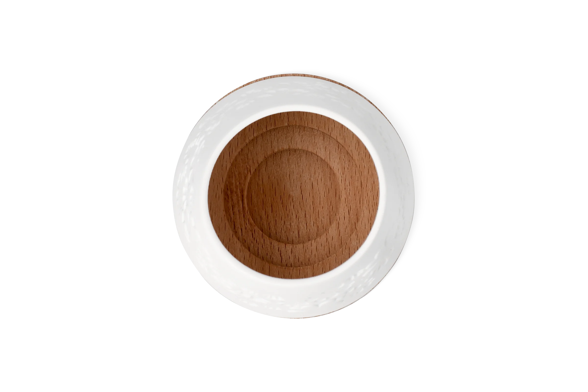 Teelichthalter Blütezeit aus Holz mit weißem Porzellanrand und eingeprägten Blüten in der Draufsicht.