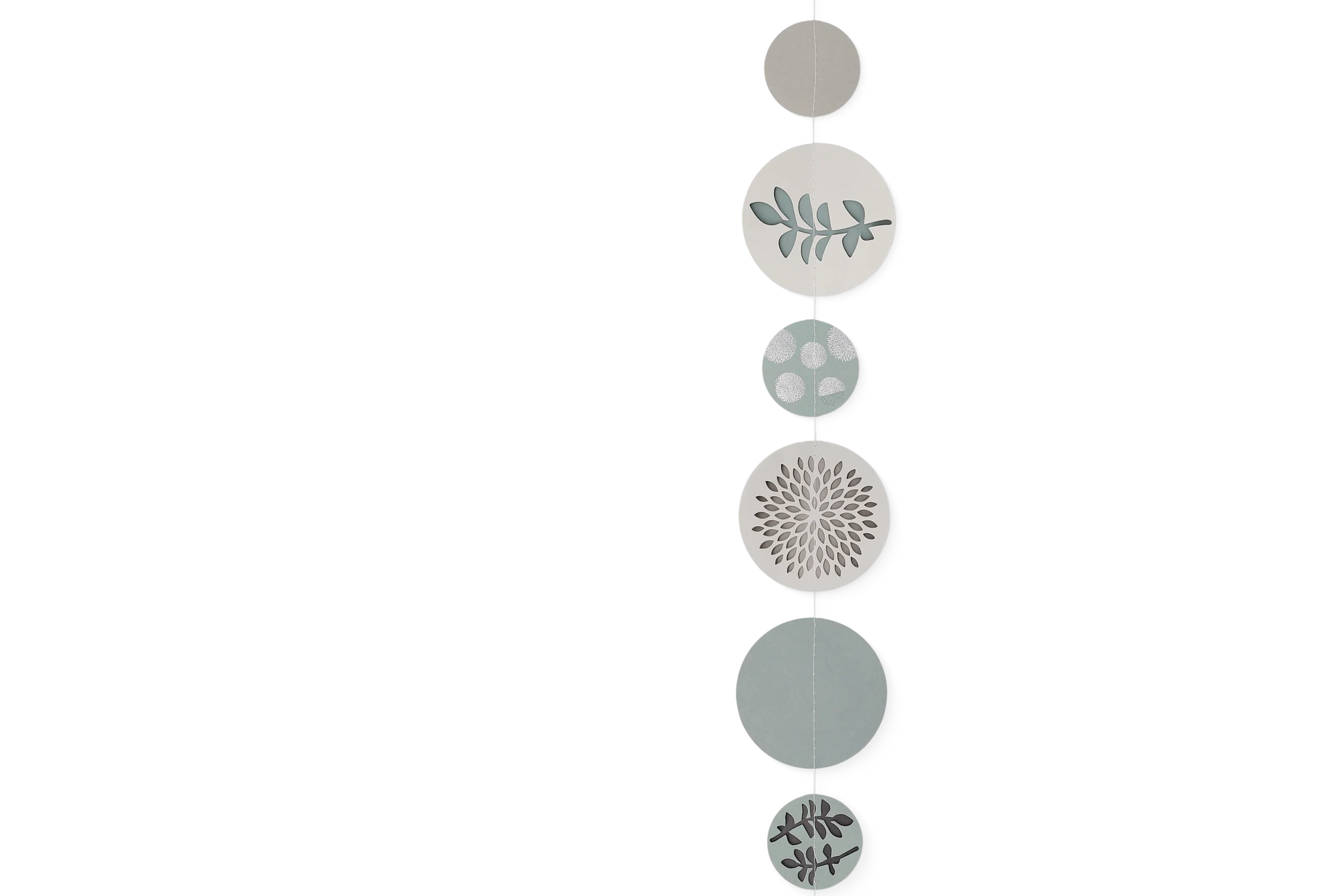 Dekokette mit pastellfarbenen Kreisen, Blattmotiven, Punkten und Blütenmustern in der Detailansicht.