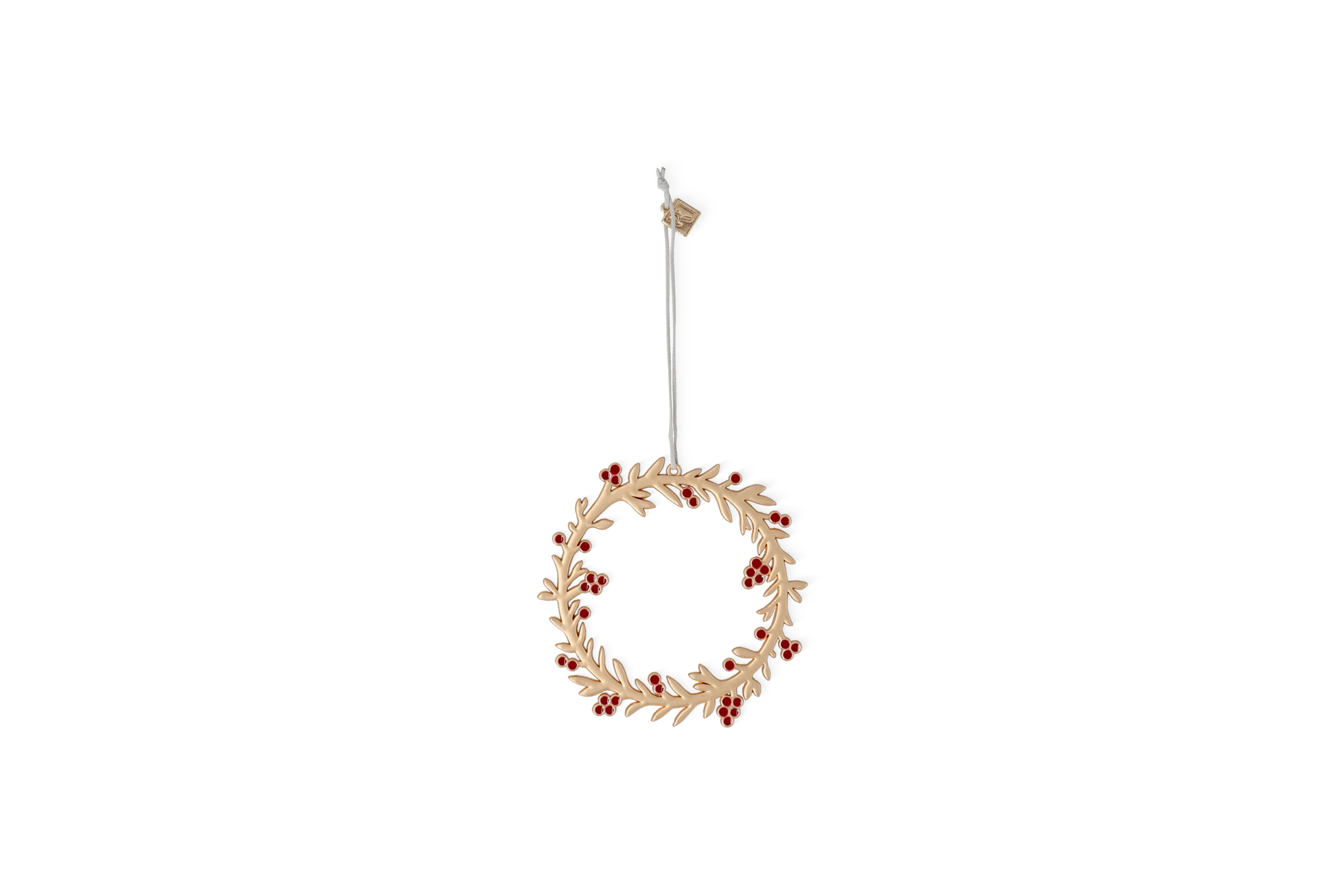 Festtagsornament Fröhliche Weihnachten als heller Kranz mit roten Beeren und Aufhängeband in der Vorderansicht Nummer 2.