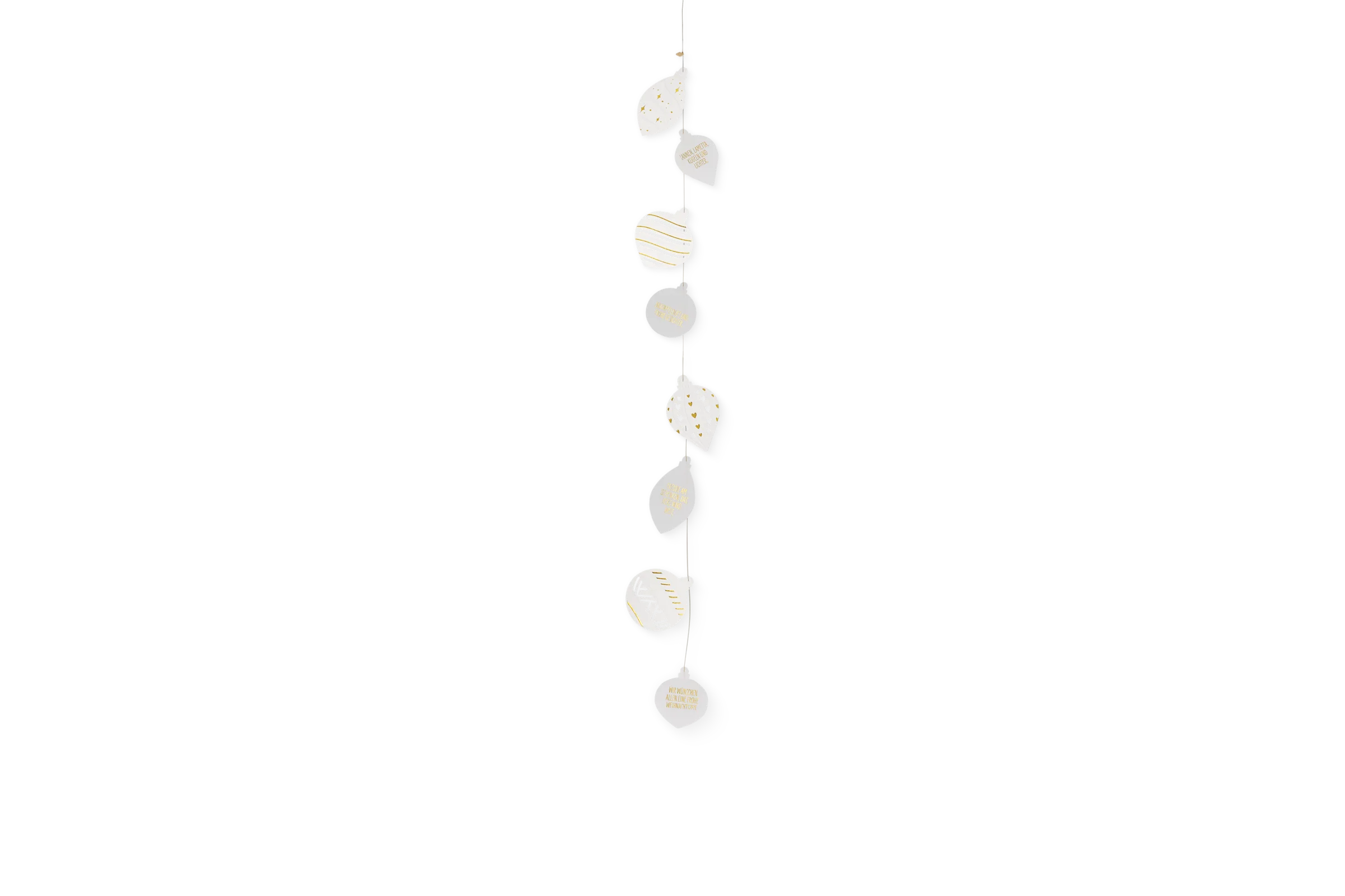 Girlande Christbaumkugeln Girlande mit weißen Christbaumkugeln und Herzen, verziert mit goldenen Schriftzügen und Mustern, in der Vorderansicht.