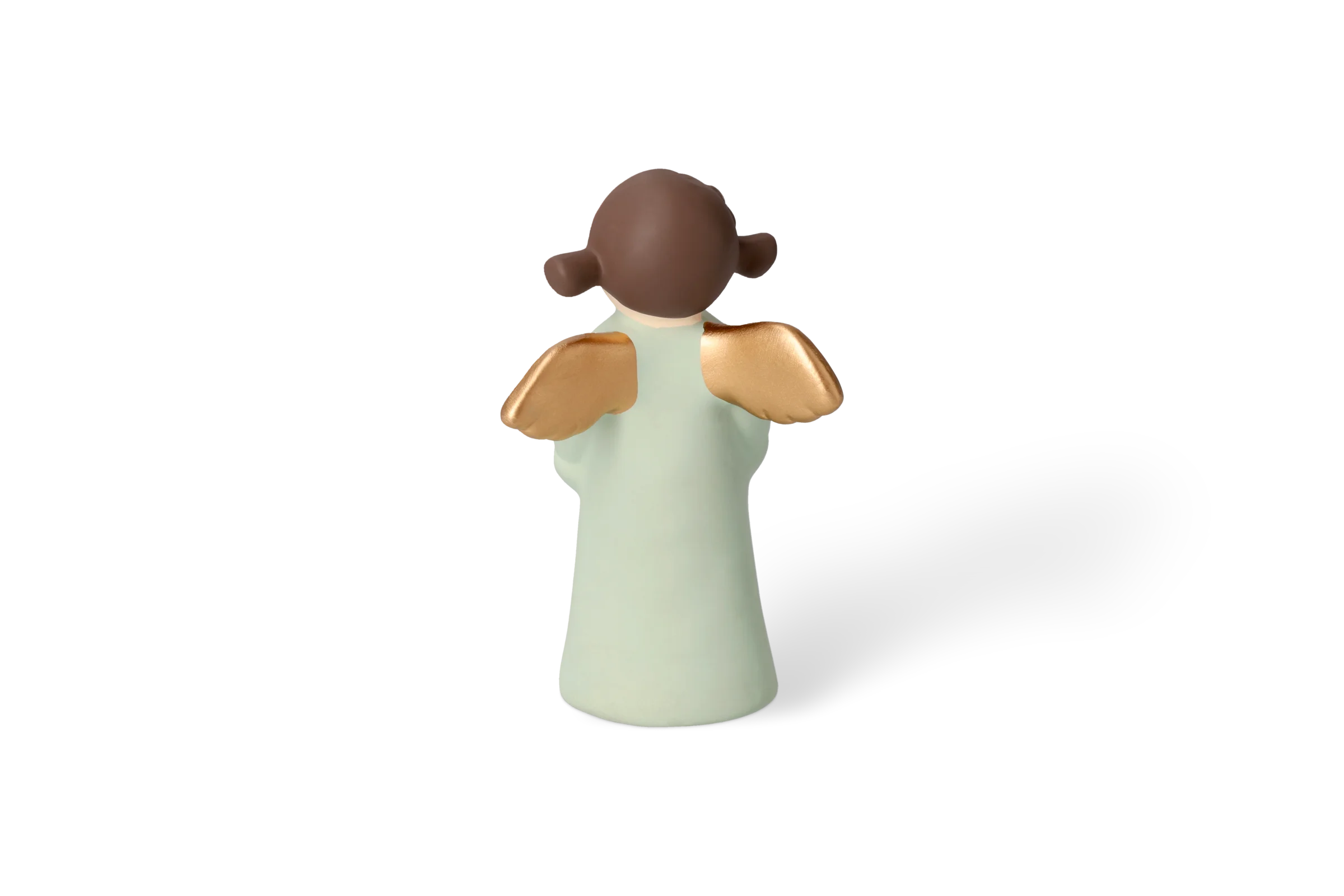 Engel Pauline Mittel - Edition 9 Dekofigur Himmlische Schwester mit goldenen Flügeln, die ein hellgrünes Kleid trägt und ein Kleeblatt hält, in der Rückansicht.