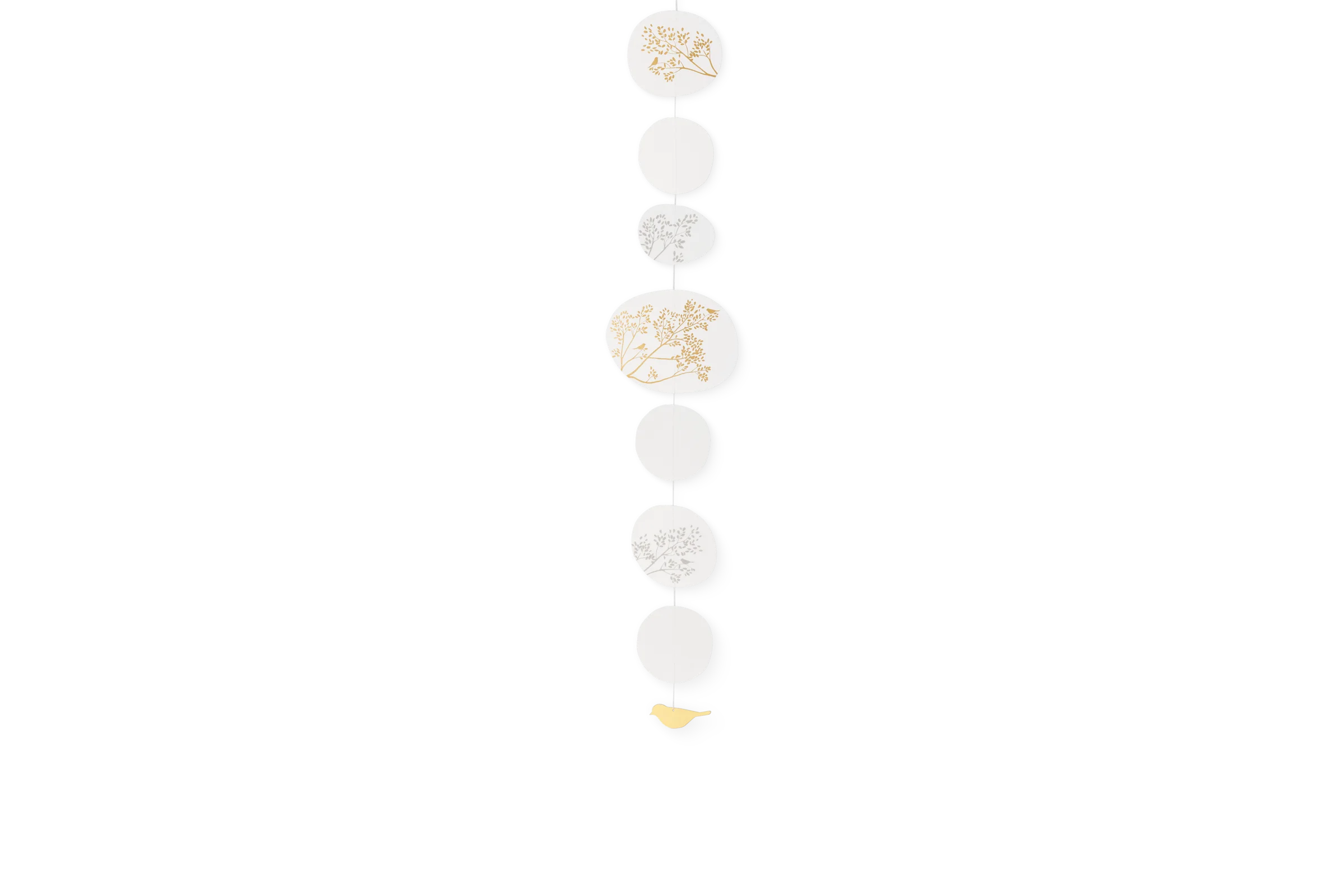 Kette Goldvogel Kette aus weißen Scheiben mit goldenen Blütenzweigen und goldenem Vogel in der Vorderansicht.