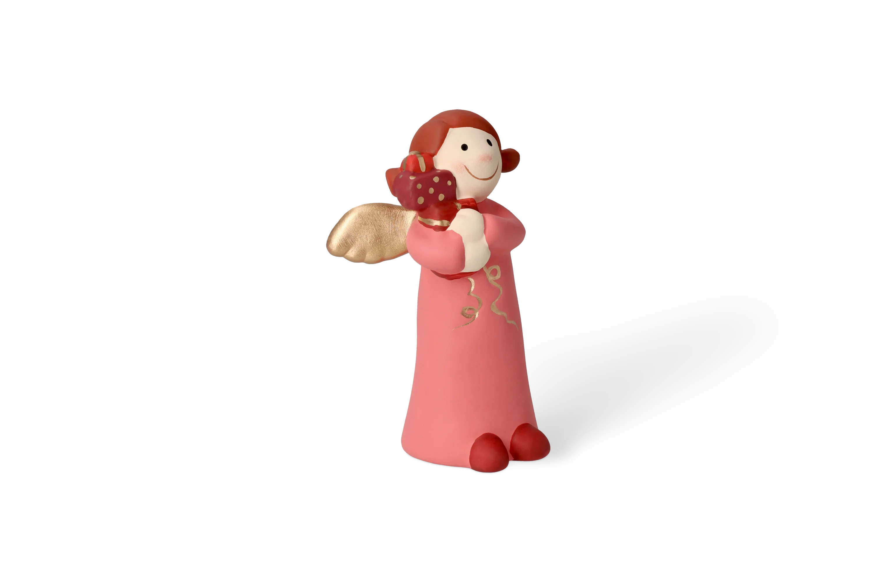 Vordere Linksansicht Dekofigur Himmlische Schwester mit goldenen Fluegeln im rosa Kleid haelt rotgoldene Geschenke