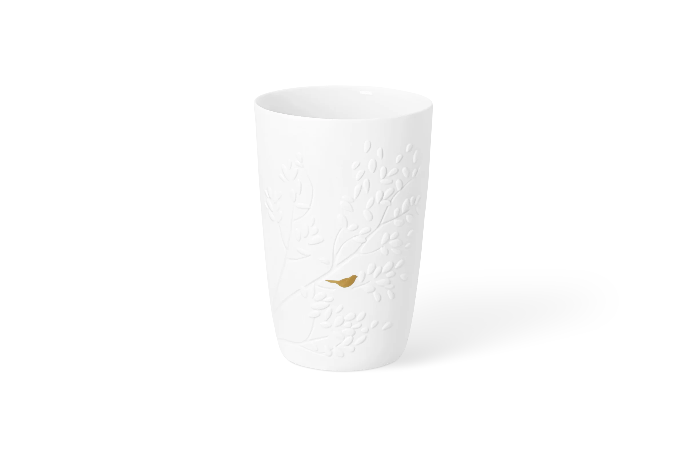 Vase Goldvögelchen Weiße Porzellanvase mit erhabenem Zweigrelief und goldenem Vogel in der Vorderansicht.