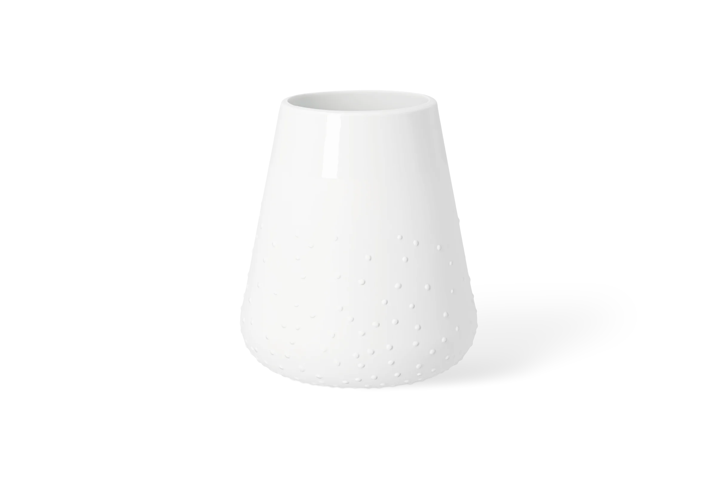 Vase Poesie Punkte Weiße Porzellanvase Blütezeit mit bauchiger Form und erhabenen Punkten in der Rückansicht.