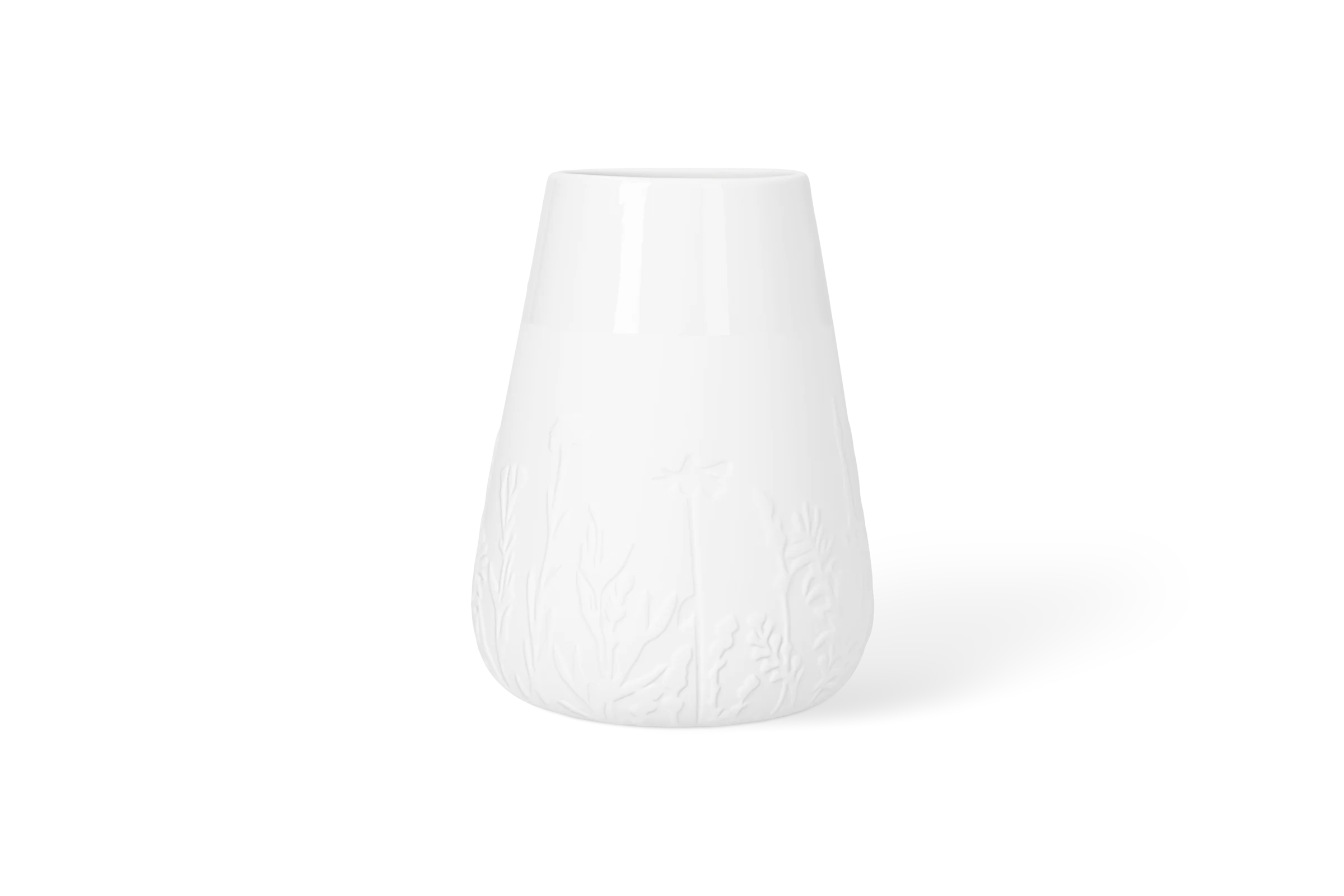 Weiße Porzellanvase Blütezeit mit erhabenem Blumenwiesenrelief im unteren Bereich, in der Rechtsansicht.