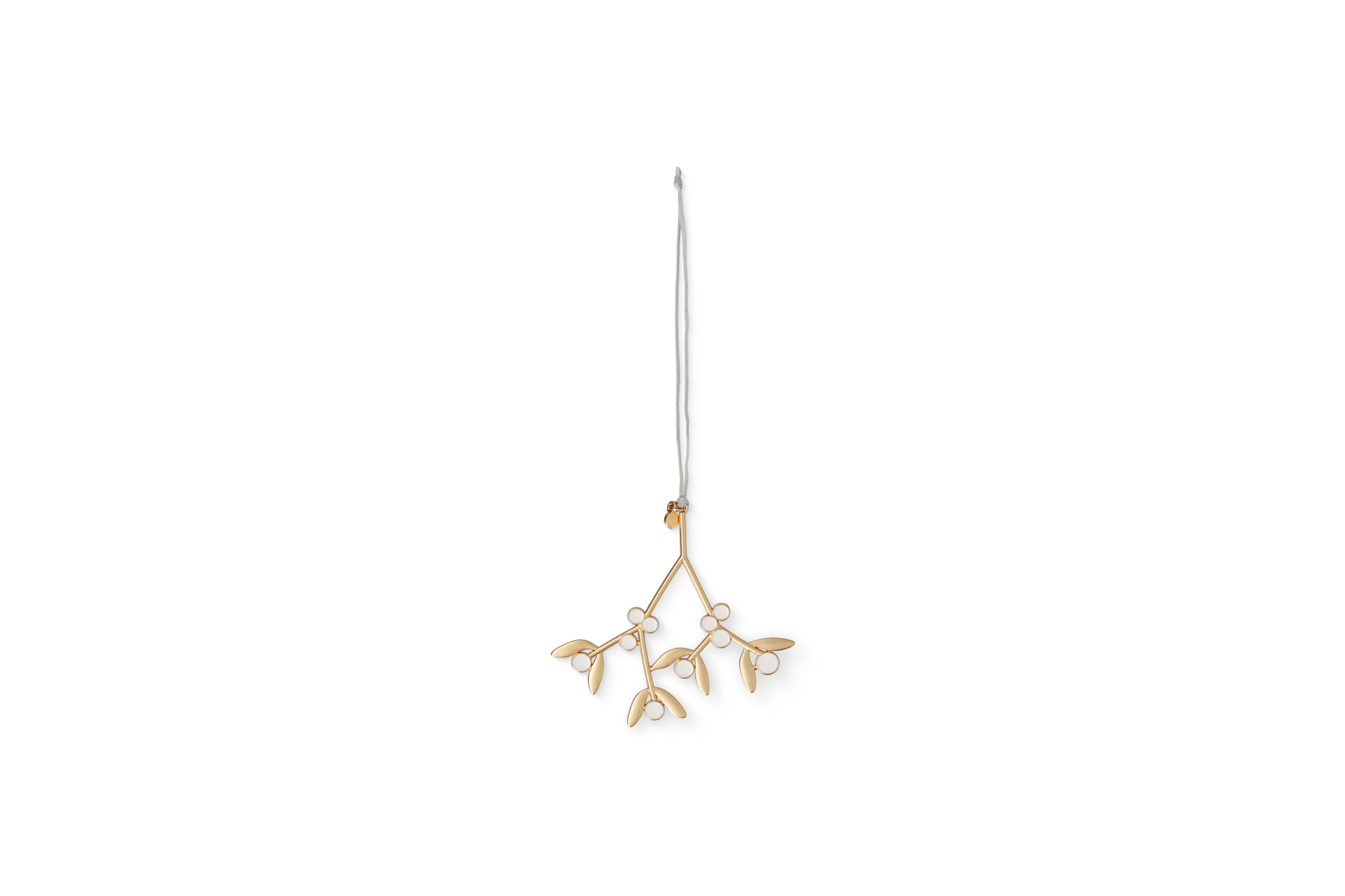 Ornament Mistletoe Goldfarbener Anhänger Mistletoe mit weißen Beeren und cremefarbenem Band in der Vorderansicht Nummer 2.