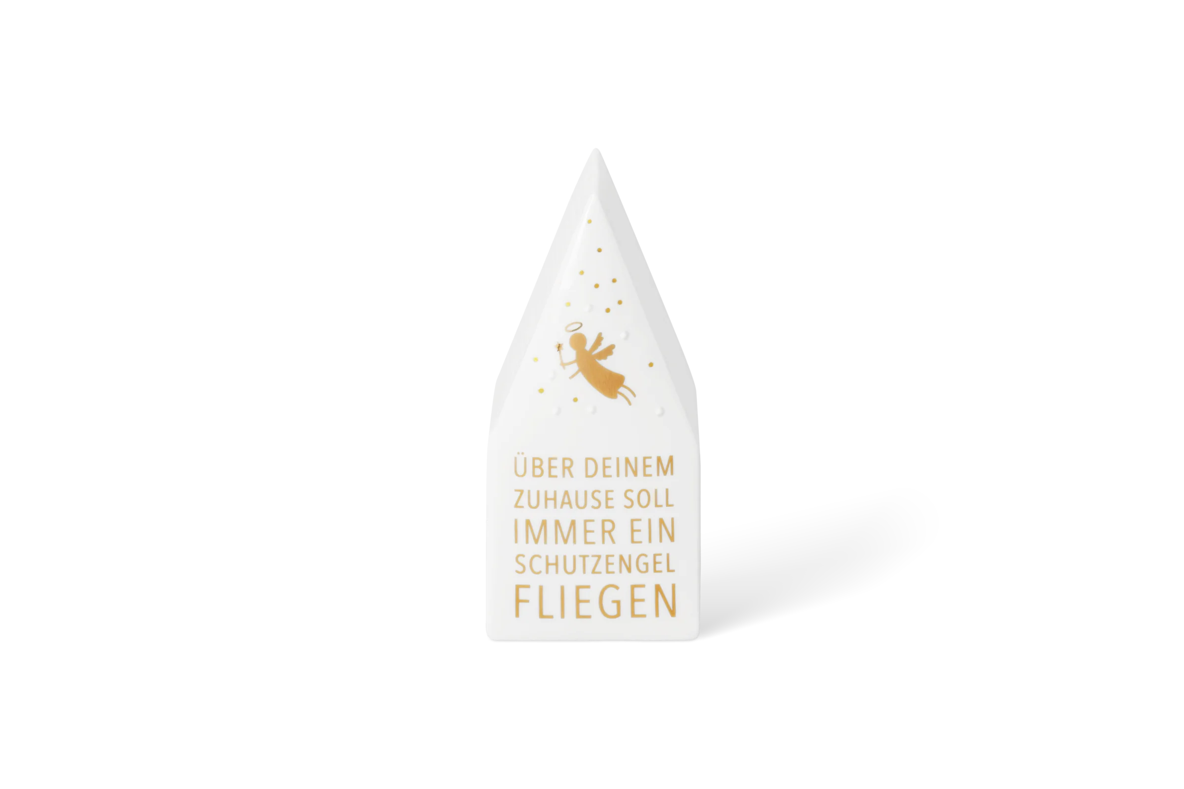 LED Häuschen Zuhause Weißes LED Häuschen mit goldenem Schutzengel und Schriftzug, Über deinem Zuhause soll immer ein Schutzengel fliegen, in der Vorderansicht.