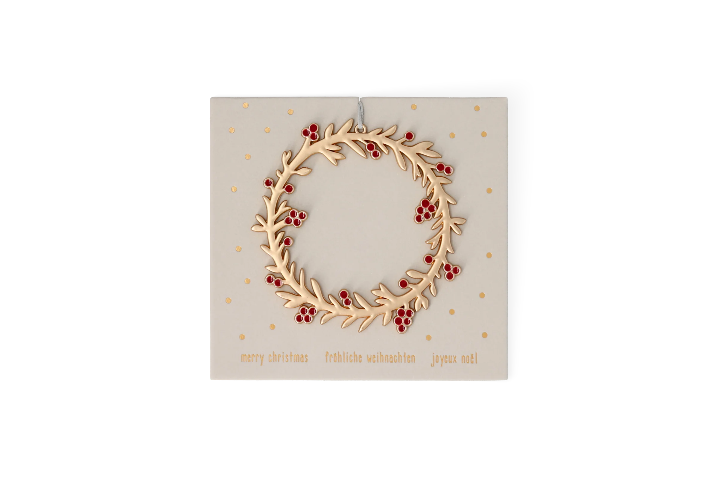 Festtagsornament Fröhliche Weihnachten Festtagsornament Kleiner Wintergruß mit erhabenem goldenen Zweigkranz, roten Beeren und Weihnachtsgrüßen in der Vorderansicht.