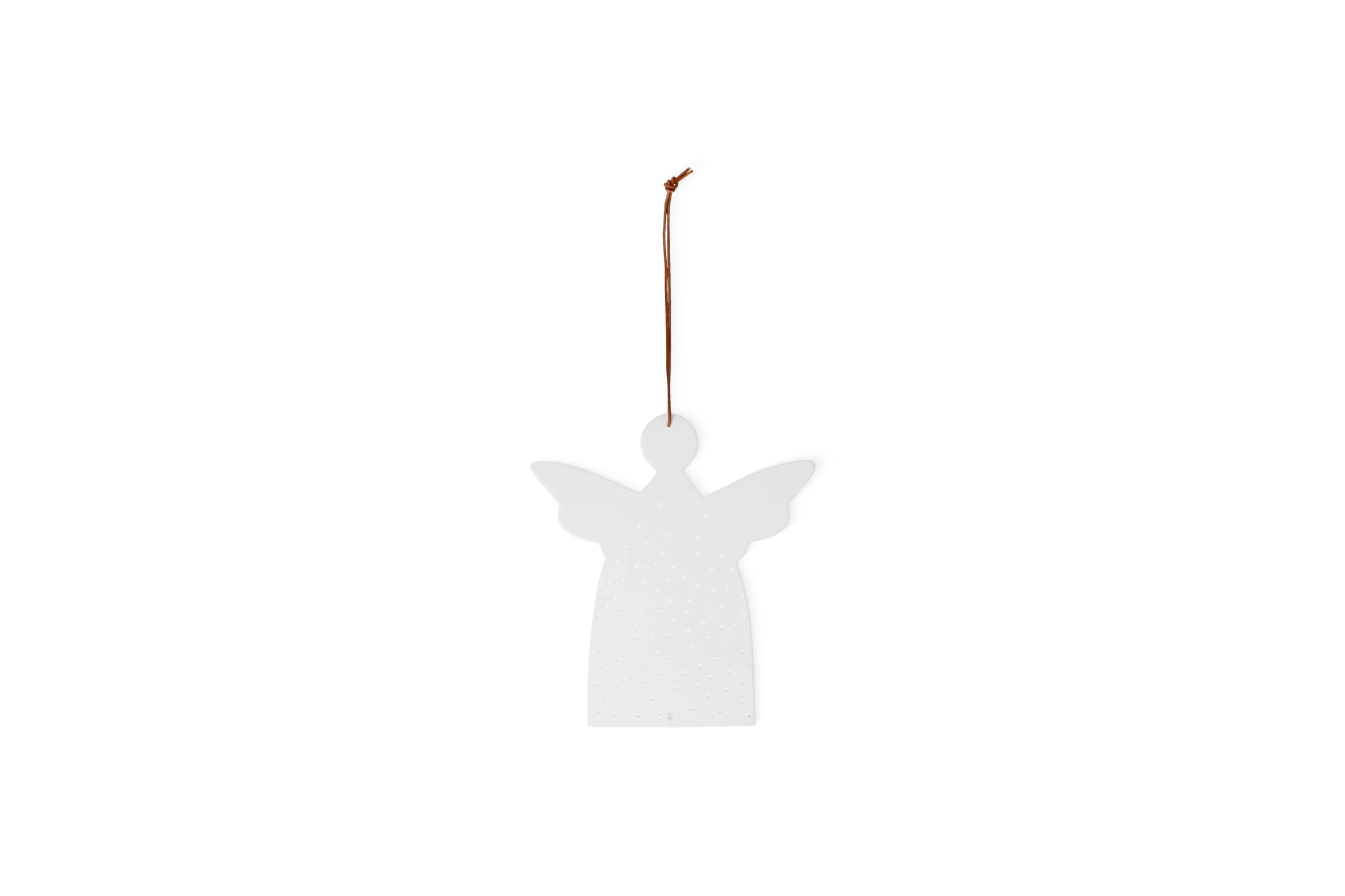 Anhänger Winterbild Engel Weißer Engel-Anhänger mit ausgestellten Flügeln, punktiertem Gewand und brauner Aufhängung in der Rückansicht.